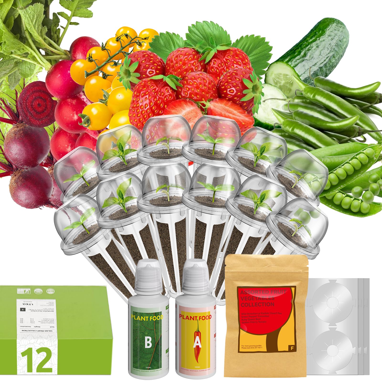 inbloom 12-Pod Fruit Seed Pod Kit for AeroGarden, iDOO, Ahopegarden Hydroponic Growing System, Included Strawberry, Cucumber, Green Pepper, Golden Tomato, Radish, Dwarf Pea, Beet, 400+ Seeds 12Pods Fruit