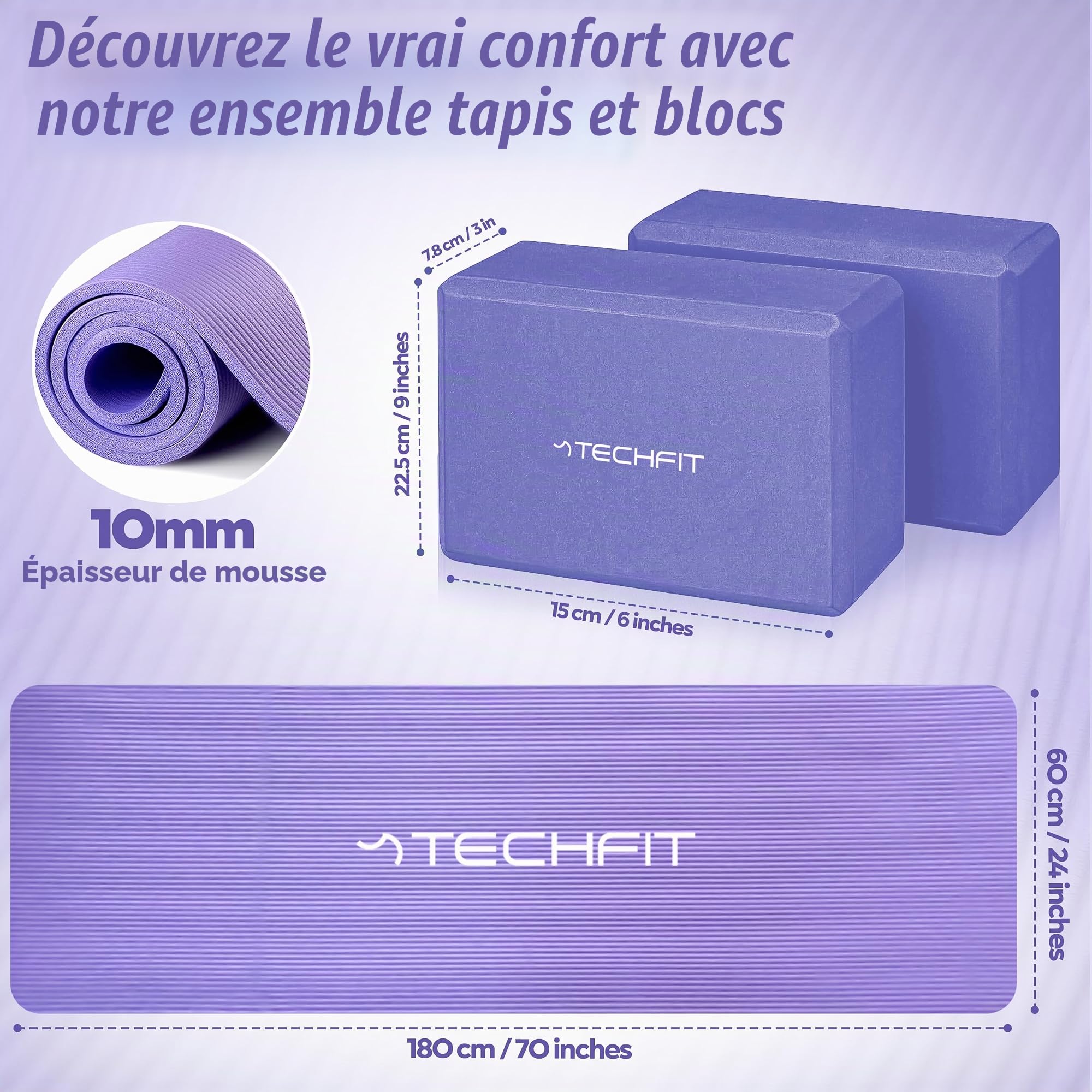 TechFit Set Yoga Tapis 183x61 cm + 2 Briques, avec sangle
