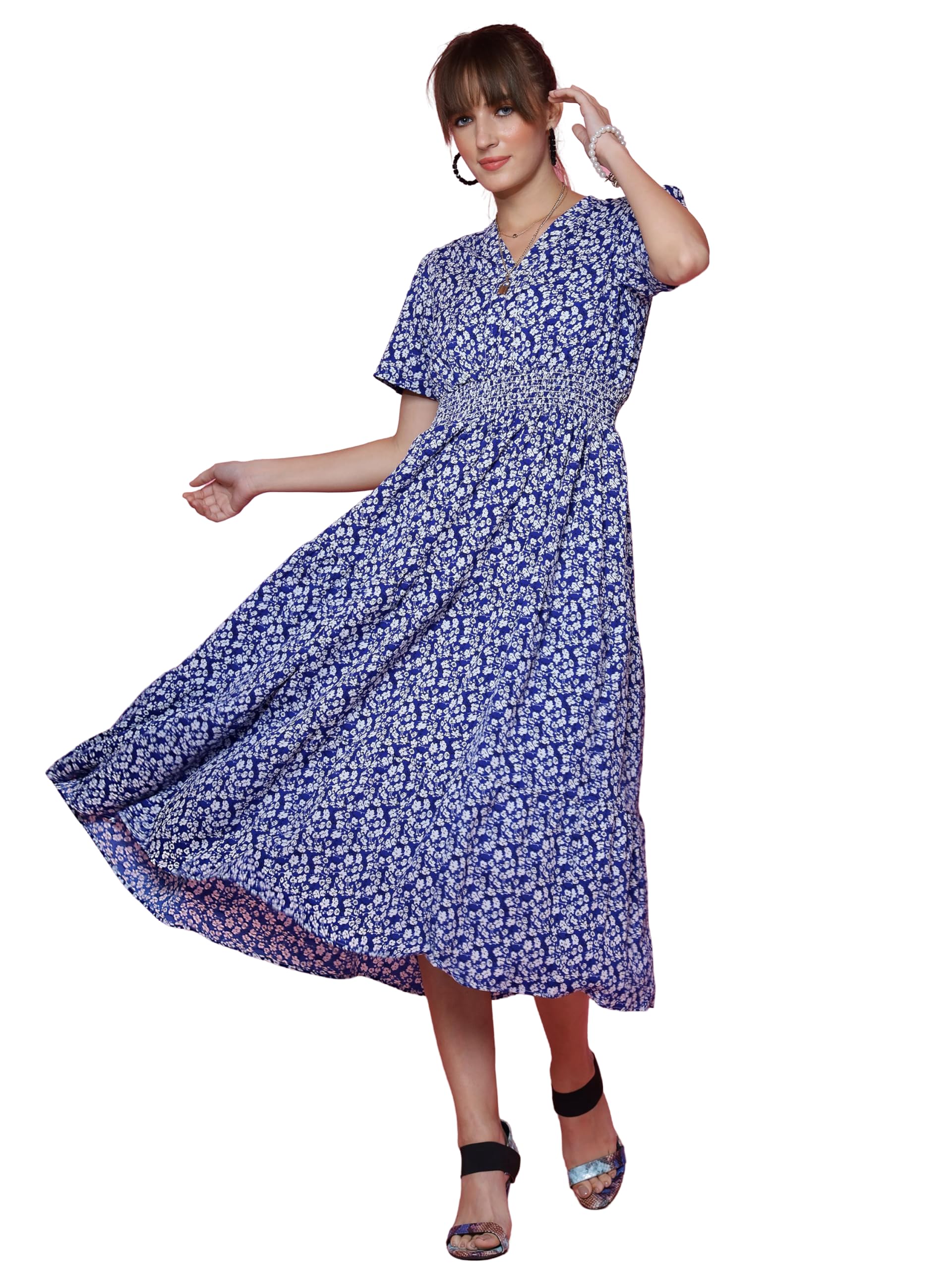 Sheetal AssociatesWomen's Crepe Fit and Flare Printed Half Sleeve V-Neck Casual Dress