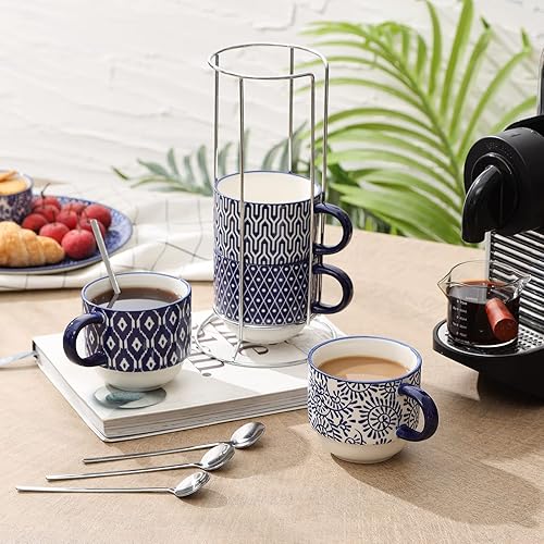 Miniatura 4 de Selamica Juego de tazas de café de cerámica, apilables de 14 onzas, tazas grandes de capuchino de porcelana con cucharas y estante de soporte,