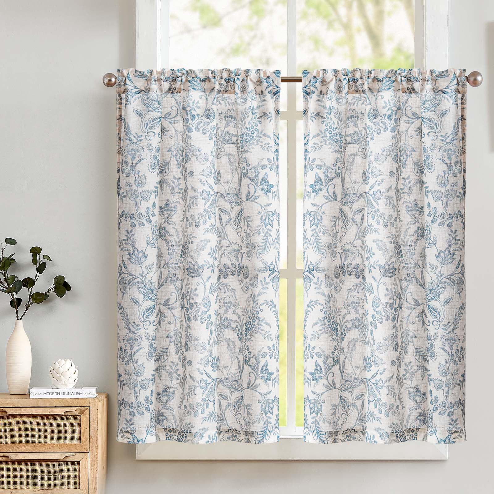 TOPICK Kitchen Curtains 45 Inch Drop with Botanic Blue Floral, Linen Look Short Cafe Curtains, Light Filtering Small Window Curtain Tiers for Cupboard Base, Sink, Basement, Bistro, W26 x L45 Inch
