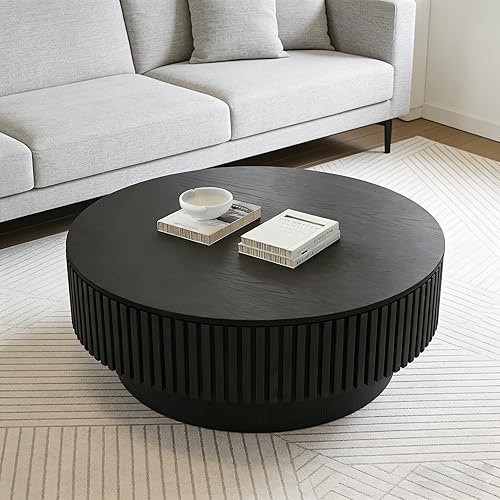 Miniatura 4 de Mesa de centro redonda con almacenamiento, modernas mesas de centro de madera estriada con base resistente, mesa de té central circular de tambor de