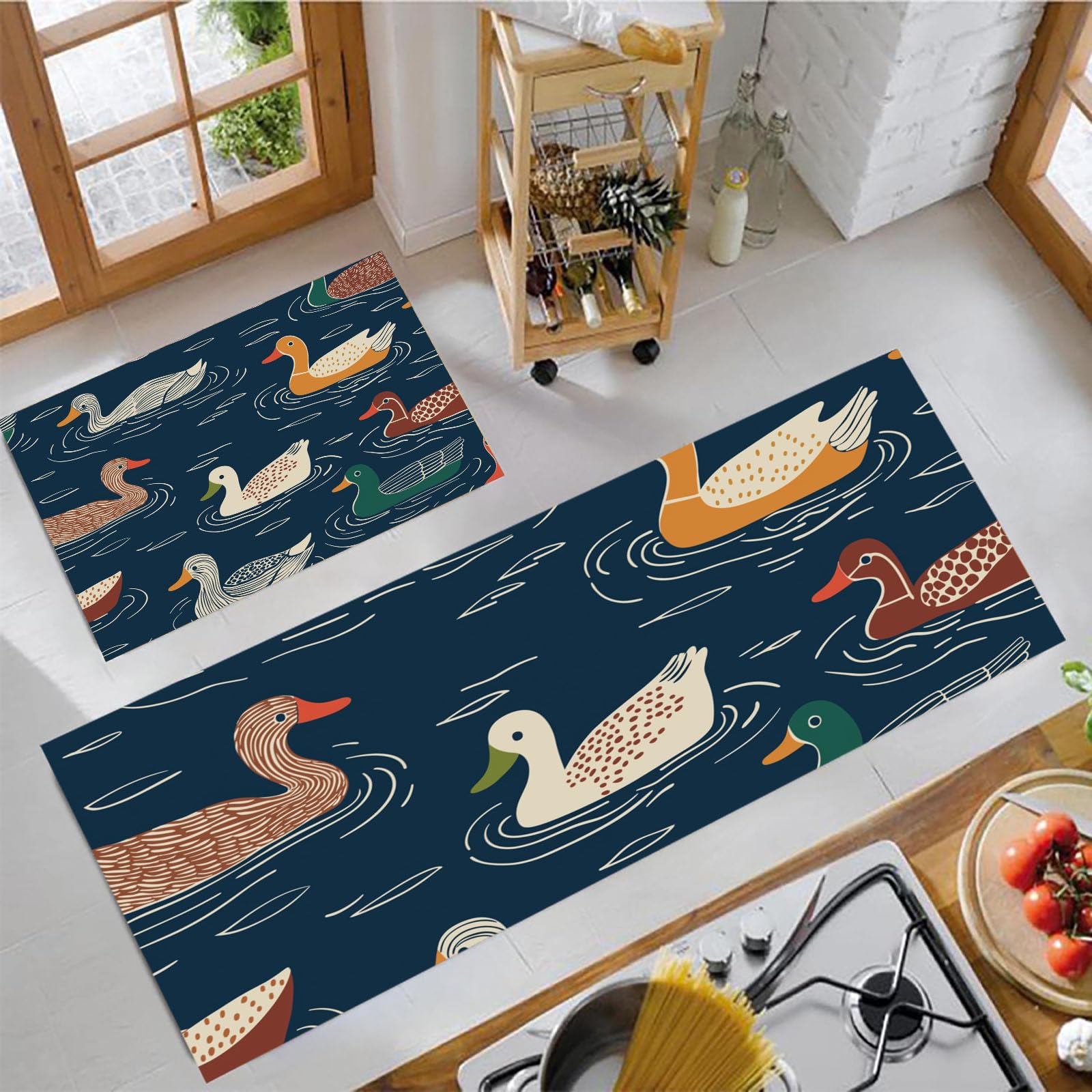 Tapis de cuisine motif canard nageur pour entrée et couloir bleu