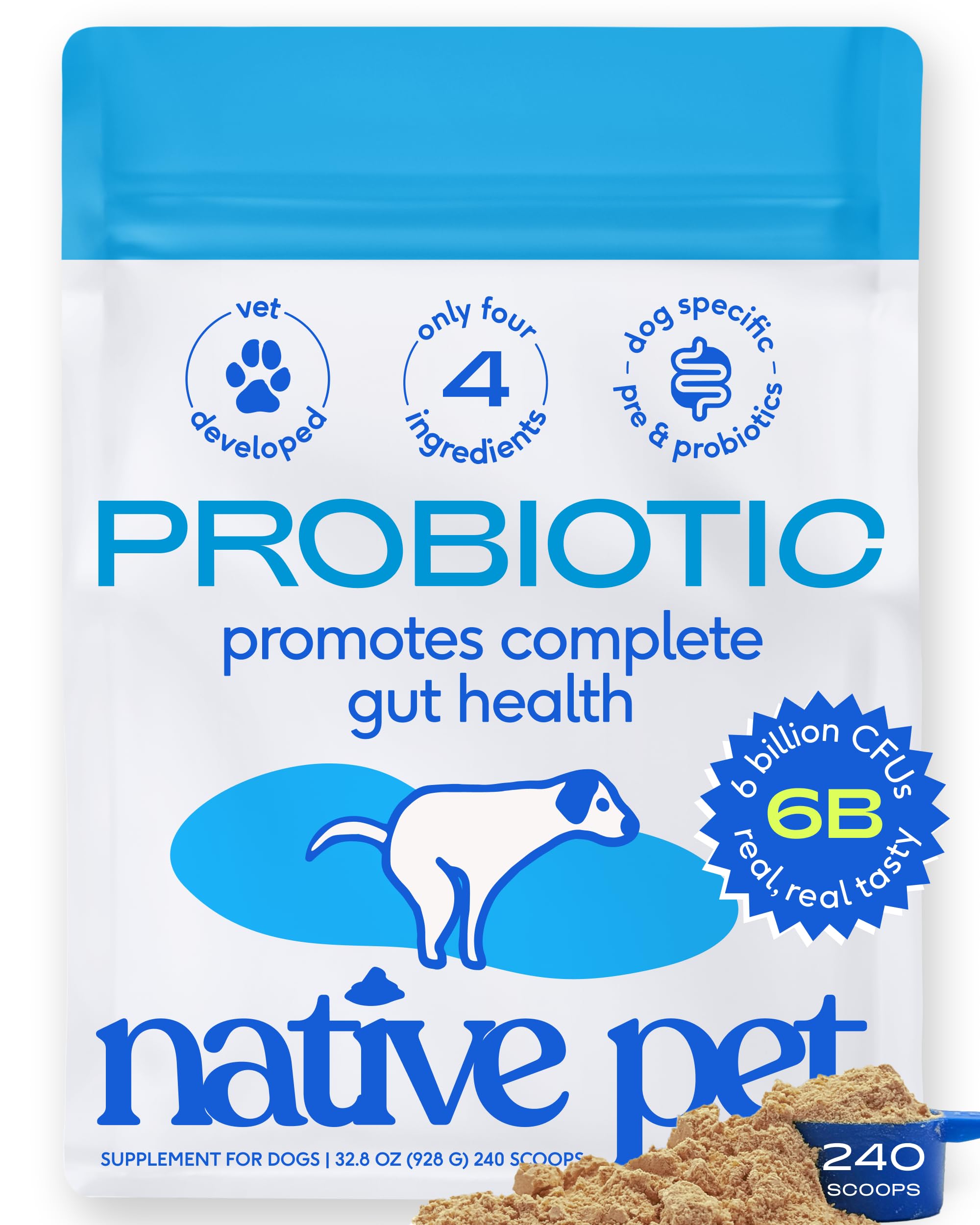 Native Pet Probiotics for Dogs – Dog Probiotic Powder for Gut &amp; Digestive Health, Vet-Formulated 6B CFUs Dog-Specific Probiotic Strains, Supports Stool Quality &amp; Diet Transitions – 240 Scoops