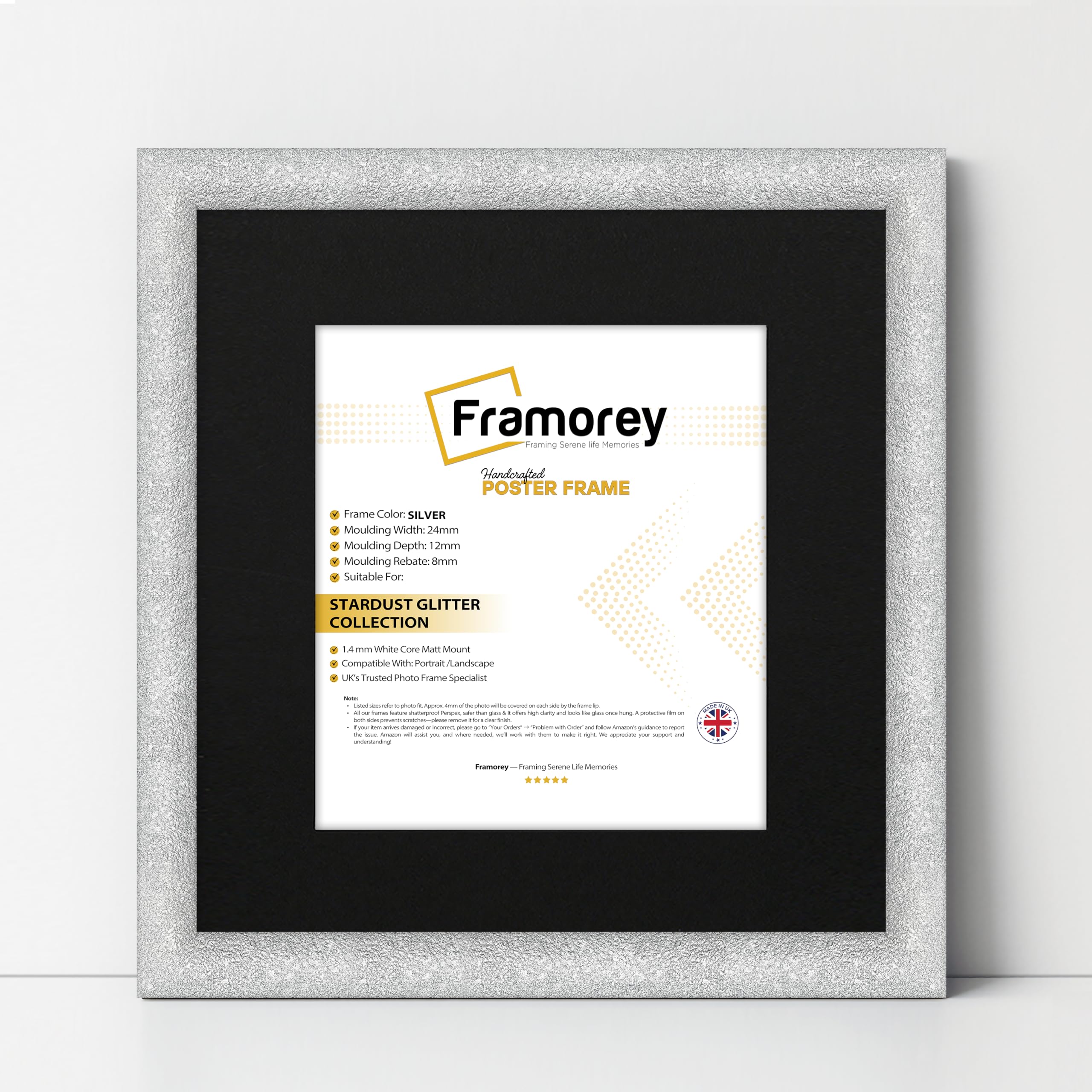 Framorey Framing Serene Life Memories Silver With Black Mount Framorey Square Size Glitter Sparkle Picture Frame, 25X25cm Size Silver Photo Frame With 20X20cm Size Black Mount, Best Wall Art Hanging Frames