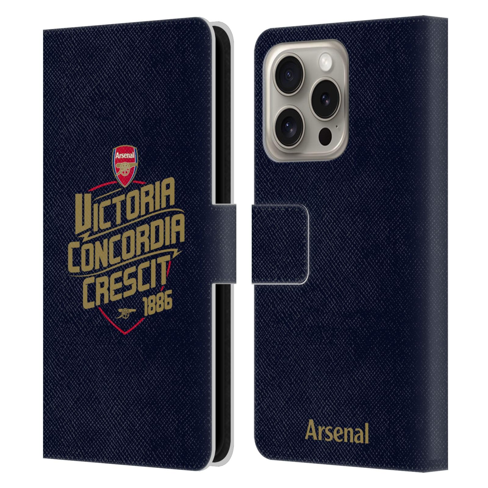 Head Case Designs Officially Licensed Arsenal FC Victoria Concordia Crescit Typography Leather Wallet Case Compatible With Apple iPhone 16 Pro
