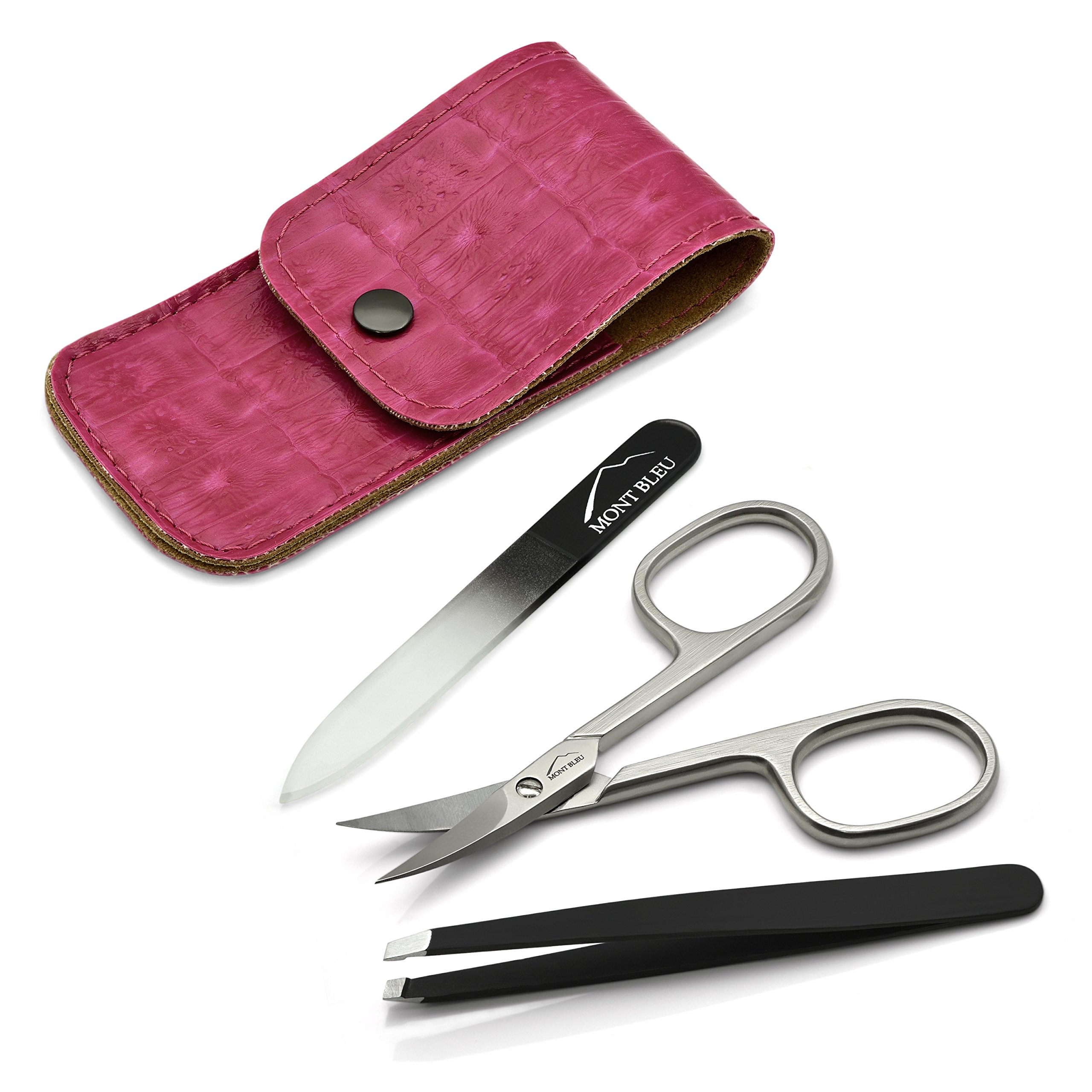 Mont Bleu3-piece Manicure Set with crystal nail file, in Cruelty Free Leatherette Case | Italian Scissors - Czech Crystal Nail File - German Case