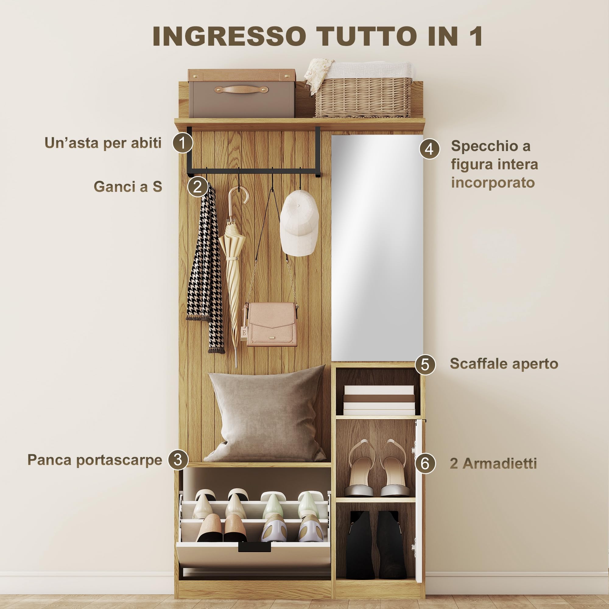 HOMCOM Appendiabiti da Ingresso con Specchio, 4 Ganci, Panca e Scarpiera, Mobile Appendiabiti con Armadietto e Ripiano Aperto, Gambe in Legno, per Ingresso Corridoio, Rovere e Bianco