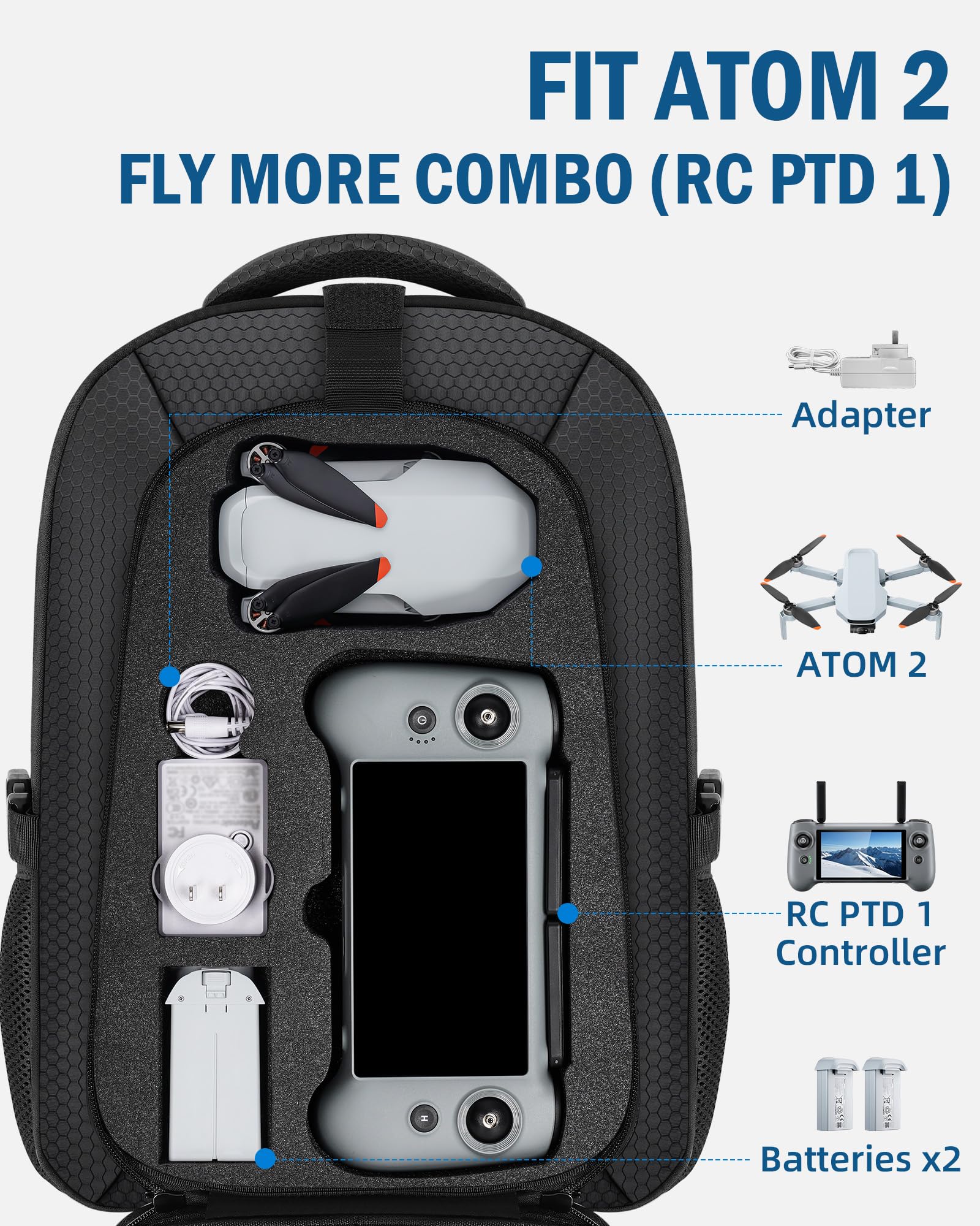 PEKREWS Atom 2 Tasche, Erweiterbar Rucksack für Potensic RC PTD 1 Controller, Hartschale Tragetasche Wasserabweisende Reisetasche für 15,6 Zoll Laptop, Fly More Combo und Drohne Zubehör
