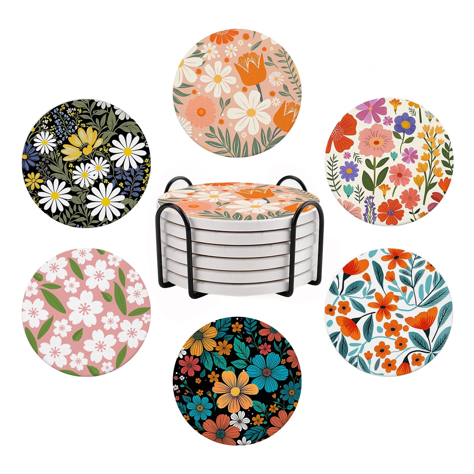Shaeotek Flower 6 Pcs Ceramic Coaster With Holder, Art Absorbent Drink Coasters For Drinking, Round Non-Slip Drink Coffee Bar Mug Cup Decoration Gifts