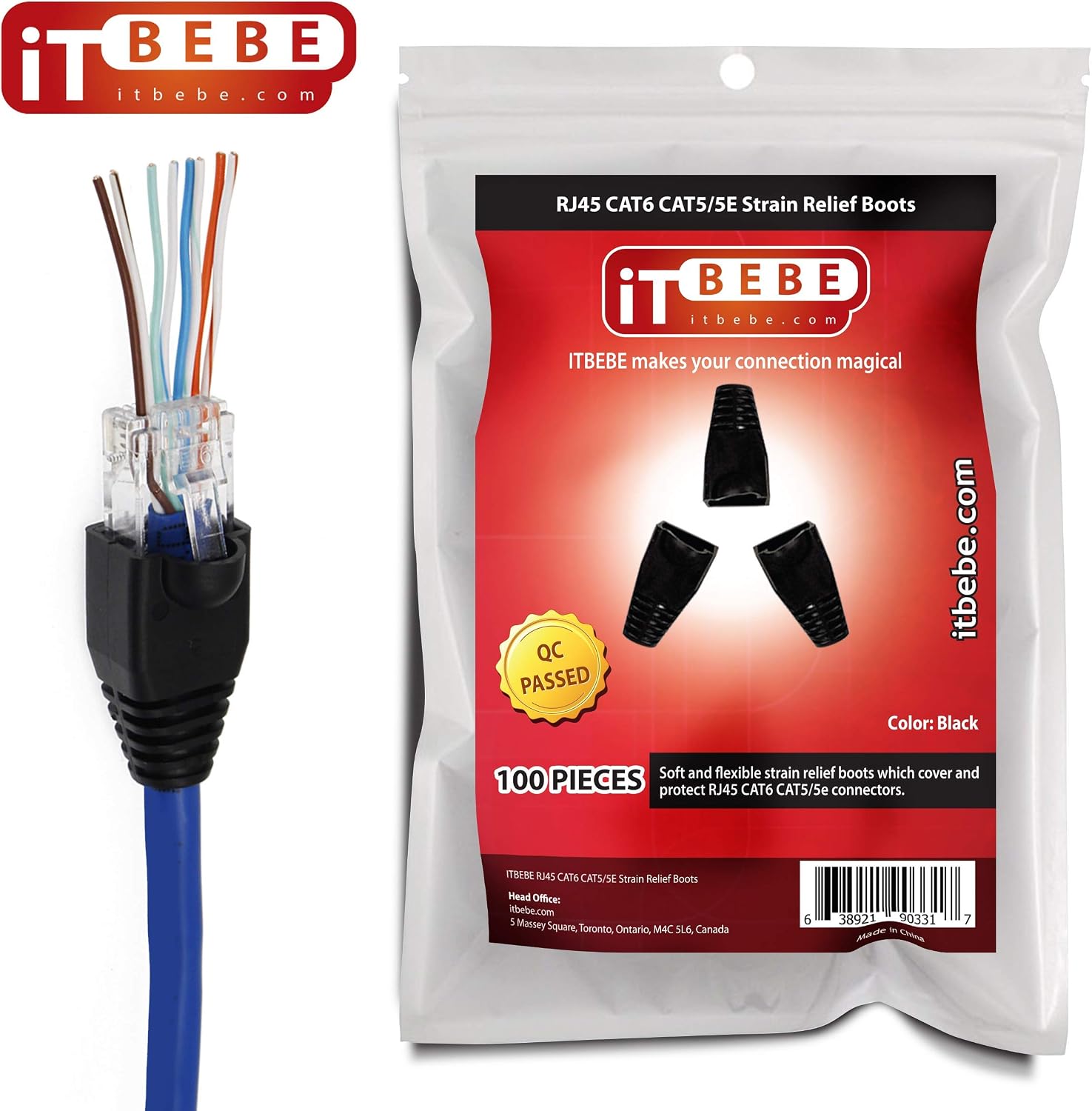 ITBEBE Black RJ45 Strain Relief Boot Covers 100-Count Set for Cat5 Cat5e, and Cat6 Ethernet Connectors
