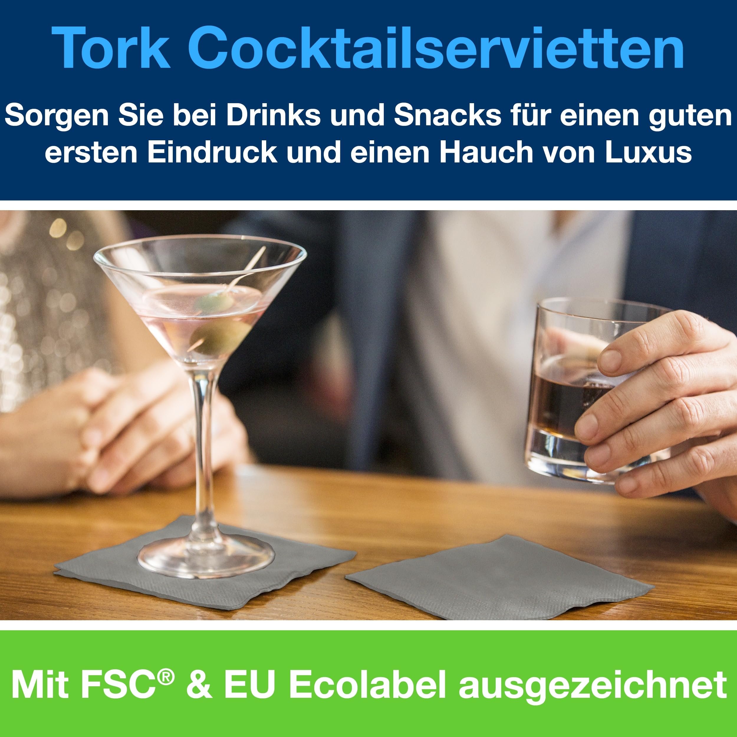 Tork Cocktailservietten Grau, 1/4 falten, 2 lagig, 200 Servietten, 11.9cm x 11.9cm 477832