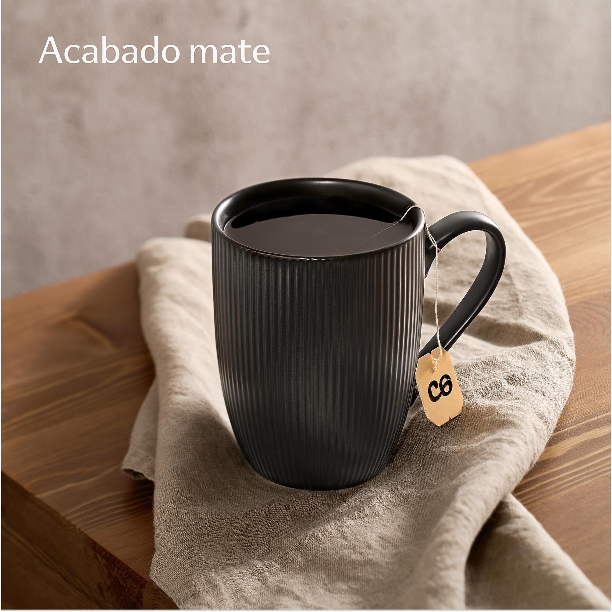 Cosumy Tazas para Cafe con Leche Grande - Juego de 6 Tazas para Café, Té y Capuccino en Color Negro - Diseño Único - Cerámica Mate - Aptas para Microondas & Lavavajillas