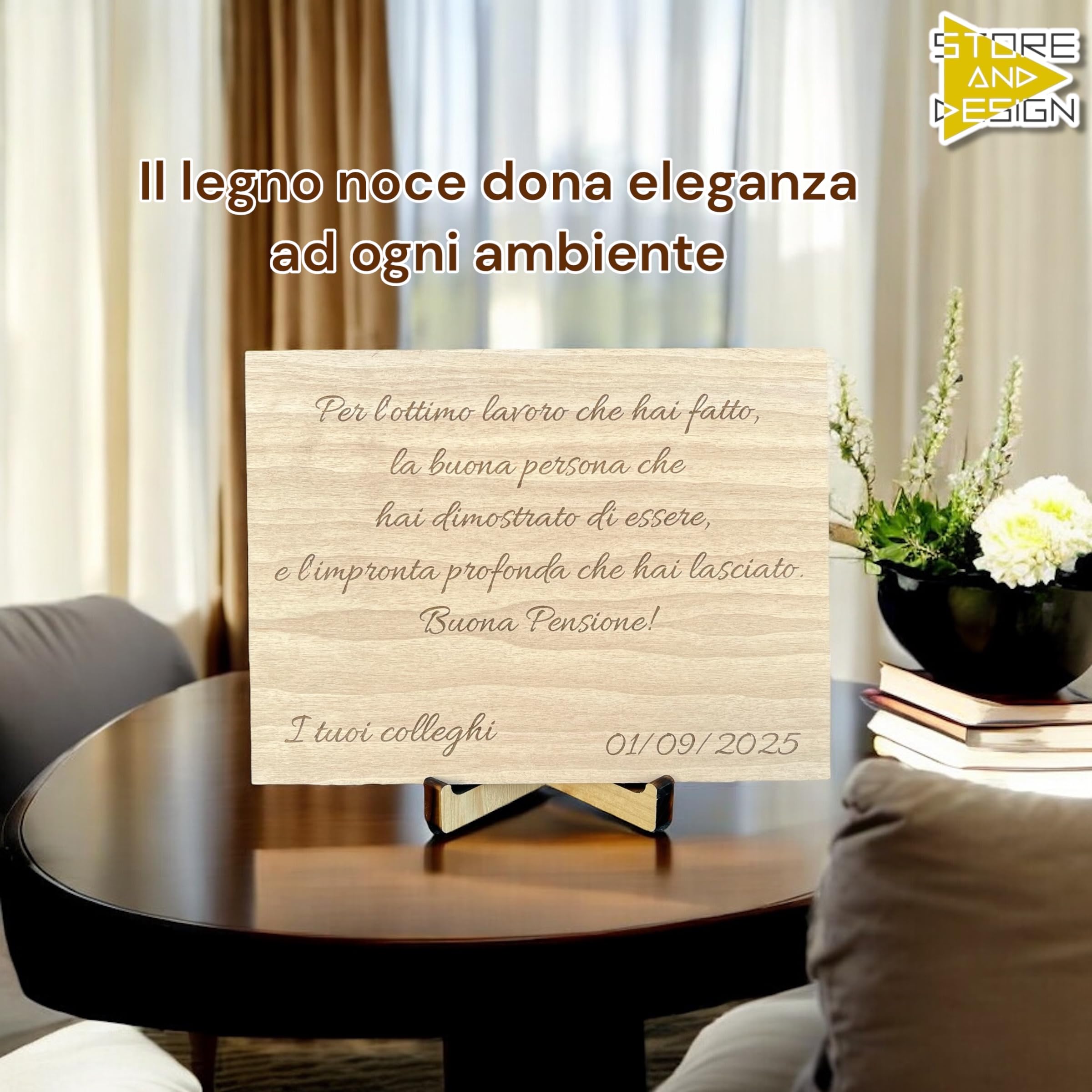 Targa Personalizzata in Legno Noce 20x15 cm, Targhetta Artigianale Libera per Regalo Pensione, Laurea, Anniversario o Premio