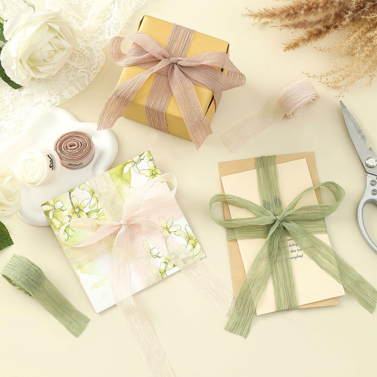 Pretty Jolly Crinkle Chiffon Ribbon for Flower Bouquet 1 1/2 Inch Brown Green Tulle Ribbon for Gift Wrapping Handmade Silk Ribbon 12 Yard Double Faced Ribbons for Crafts Hair Wedding Baby Shower - Image 4
