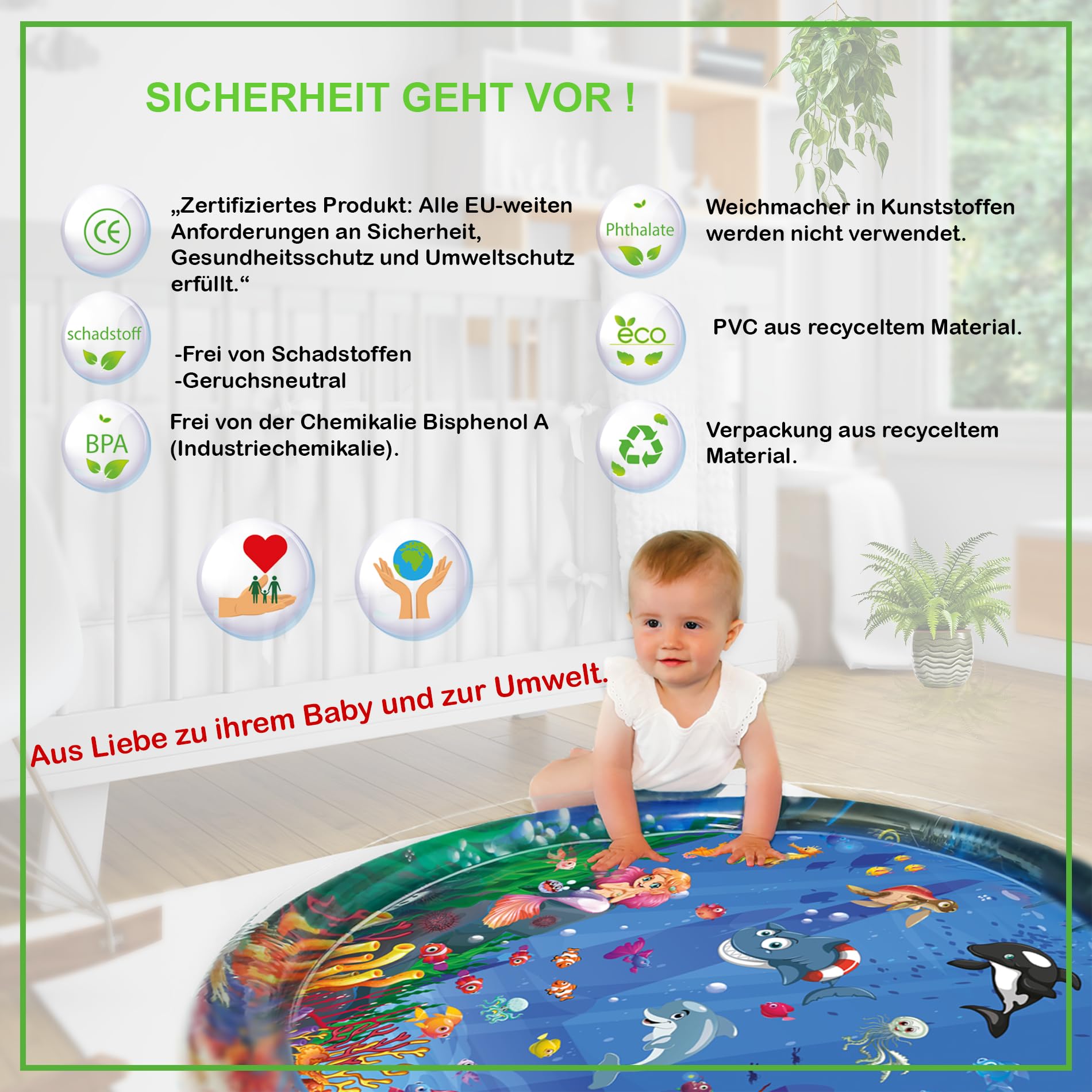 Wassermatte Baby, Wasserspielmatte Baby BPA frei XXL, Bauchlage Spielzeug Baby ab 3, 6 und 9 Monate, Baby Wassermatte (XXL 100 cm)