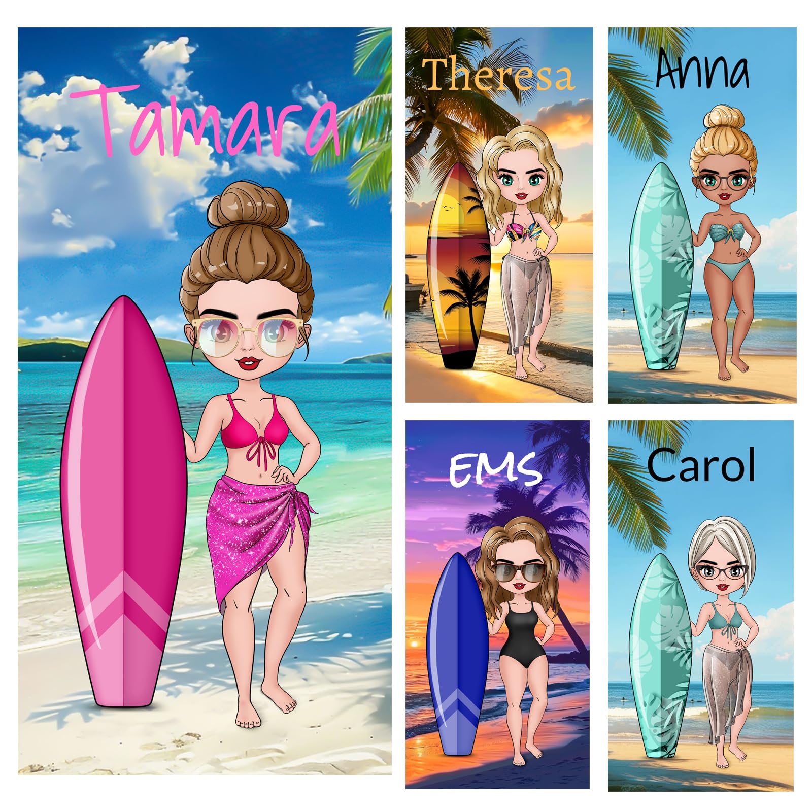 Jodimitty Personalised Beach Towel Microfiber, Cartoon Girl Dress Up Free DIY Character Custom Name, for Beach Pool Bath Family Gatherings Party Favours, 60x120cm/76x152cm/90x180cm