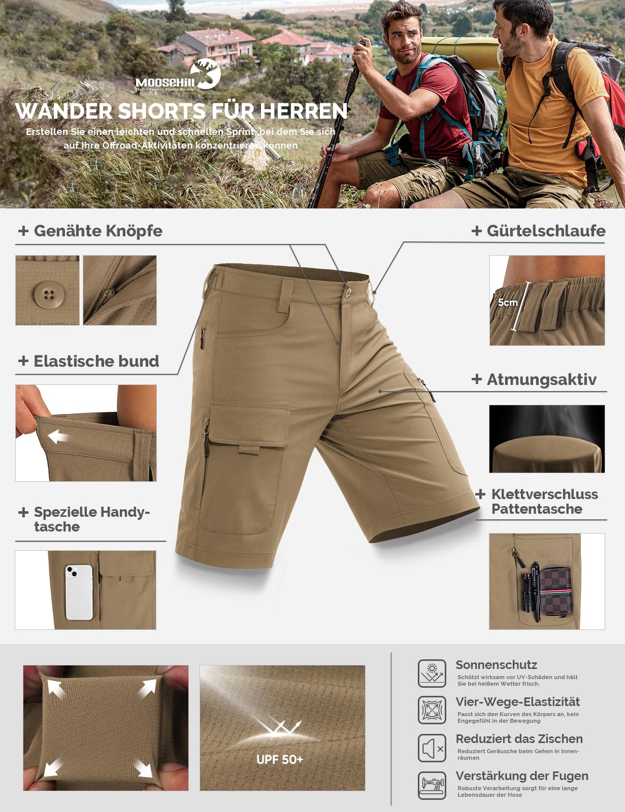 Moosehill Short de randonnée cargo pour homme - Imperméable - Avec 6 poches - Léger et respirant - Pantalon de VTT - Short de cyclisme - Bermuda - Pantalon de trekking - Pantalon d'extérieur d'été