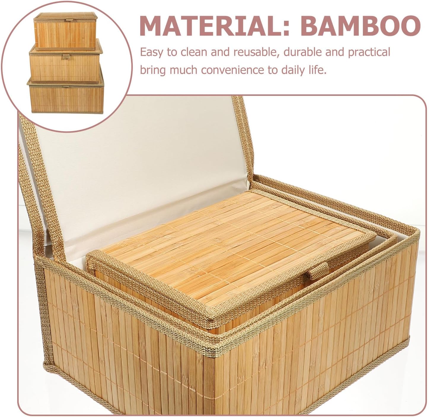 3pcs Storage Baskets with Lids, Rectangular Woven Desktop Organizer Bins for Home and Office Shelf Storage