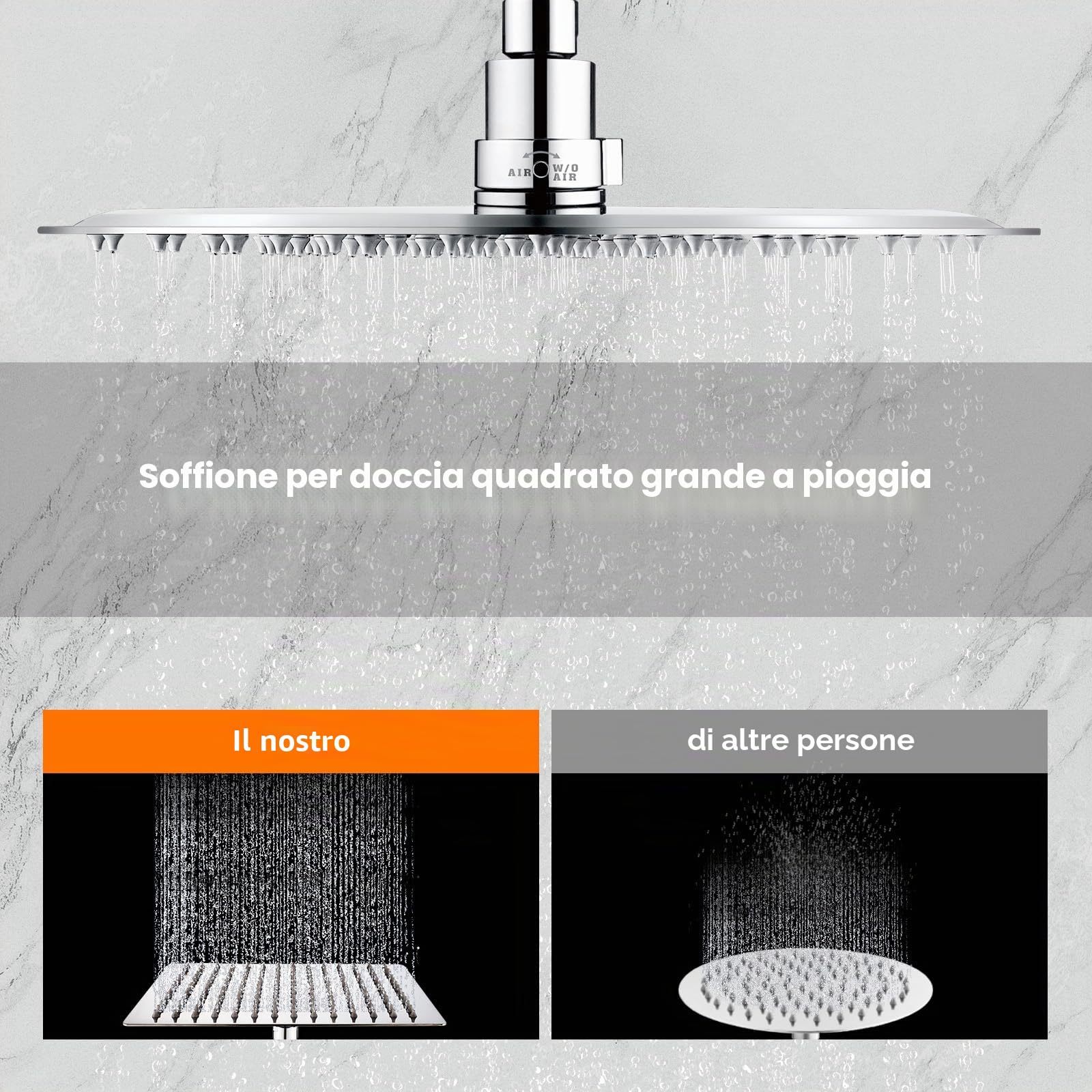 Ibergrif M20292 Soffione Doccia Pioggia 20x20 cm Quadrato, Testa Doccia Acciaio Inox Cromato, Doccia Fissa Anticalcare, Getto Ampio Alta Pressione per Bagno