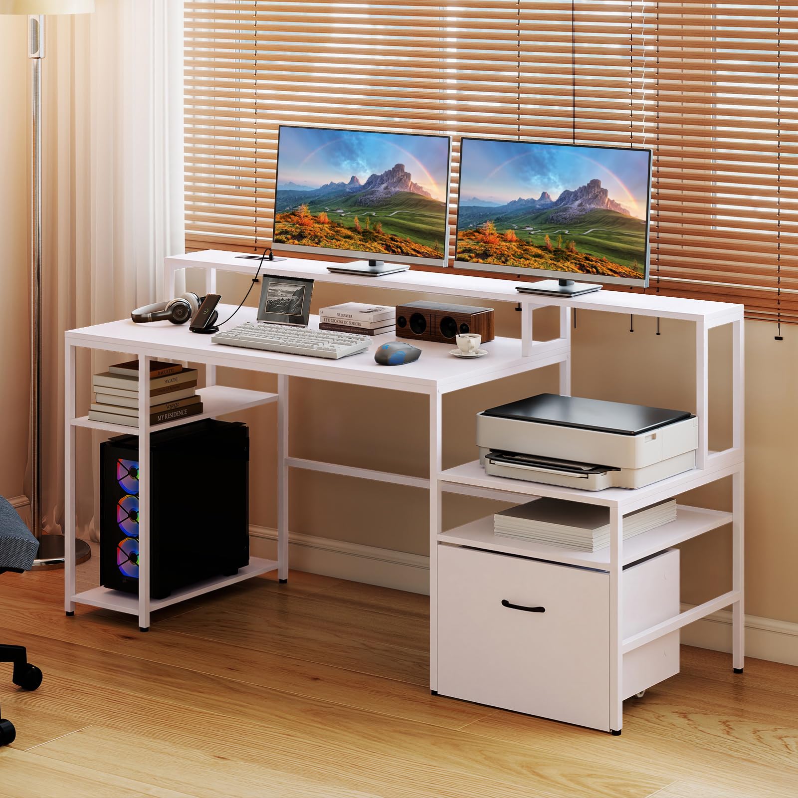 COSTWAY Scrivania Gaming Salvaspazio con Stazione di Ricarica (Bianco) | Scrivania con Ampio Piano, Cassetto con Ruote, Supporti per PC, Monitor e Stampante, per Ufficio e Casa