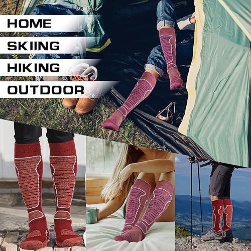 Miniatura 5 de Calcetines de esquí de lana merino para hombre y mujer, 2 pares para esquí, snowboard, térmicos hasta la rodilla, calcetines de rendimiento