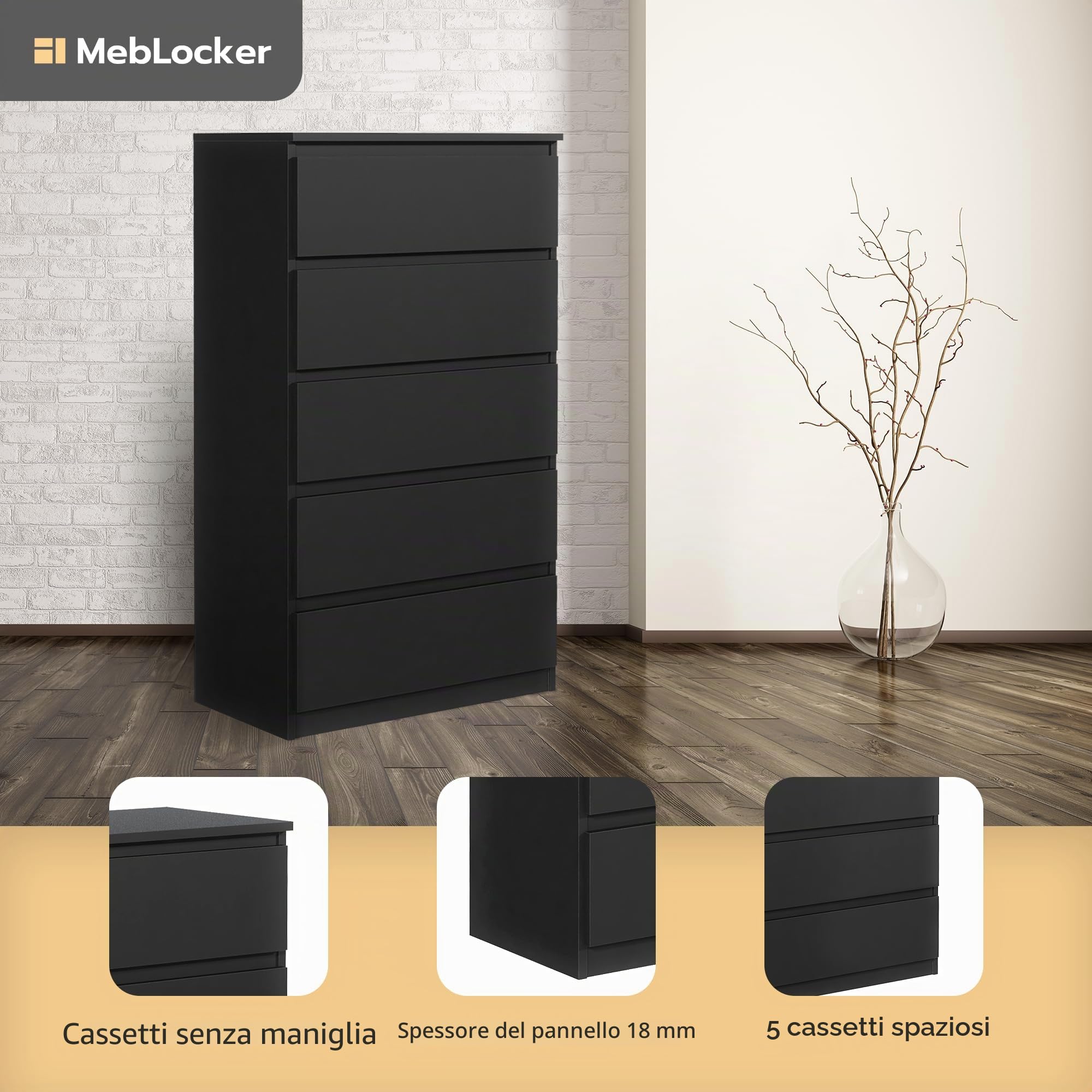 Cassettiera con 5 Cassetti - Settimino 39x70x125 cm - Cassettiera Salvaspazio per la Camera da Letto e Soggiorno - Armadio con Cassetti dal Design Moderno - Nero