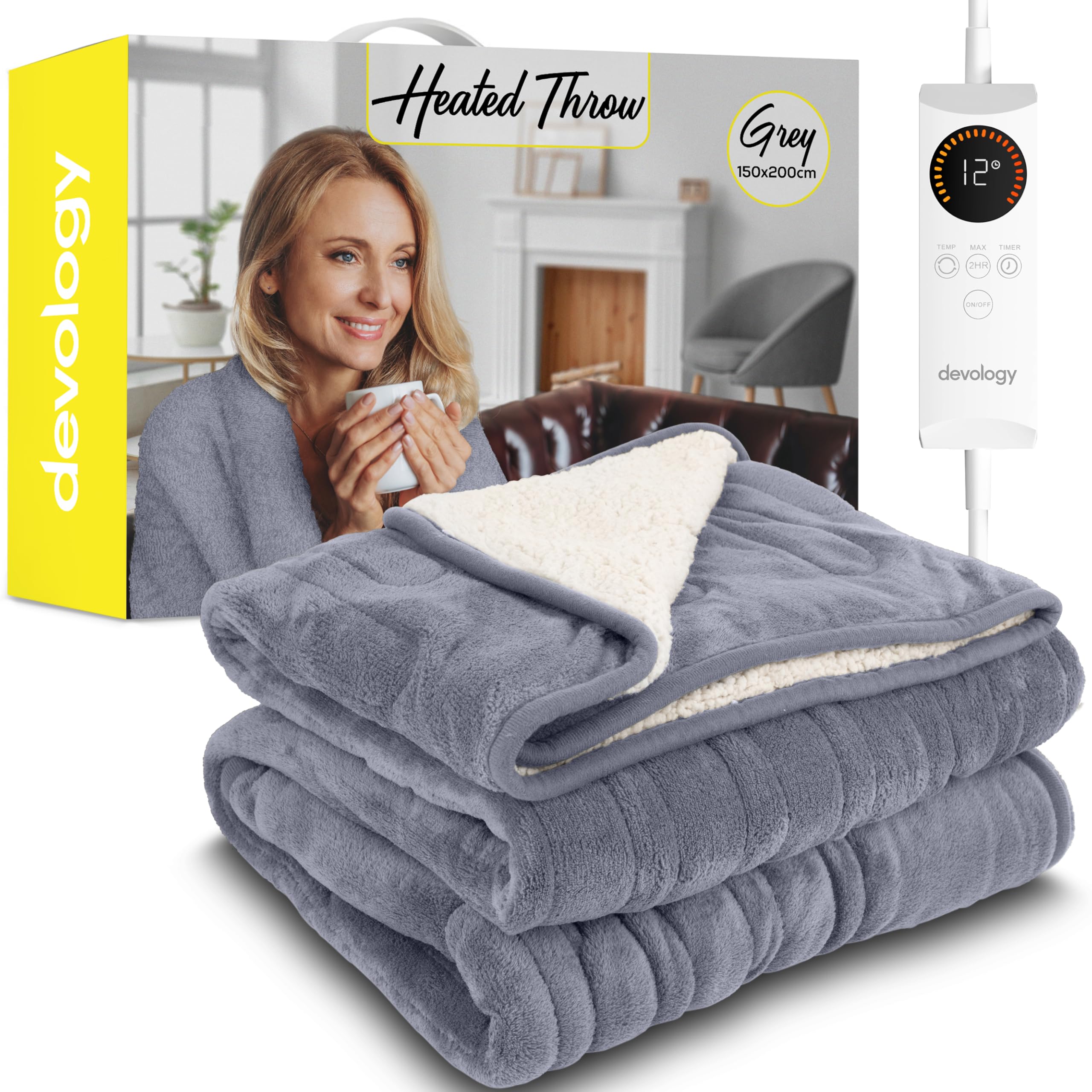 Devology Grey Shearling Heated Throw - Electric Blanket - Digital Controller - Timer Up To 12 Hours, 6 Heat Settings, Auto Shutoff - Machine Washable - Double 150X200cm