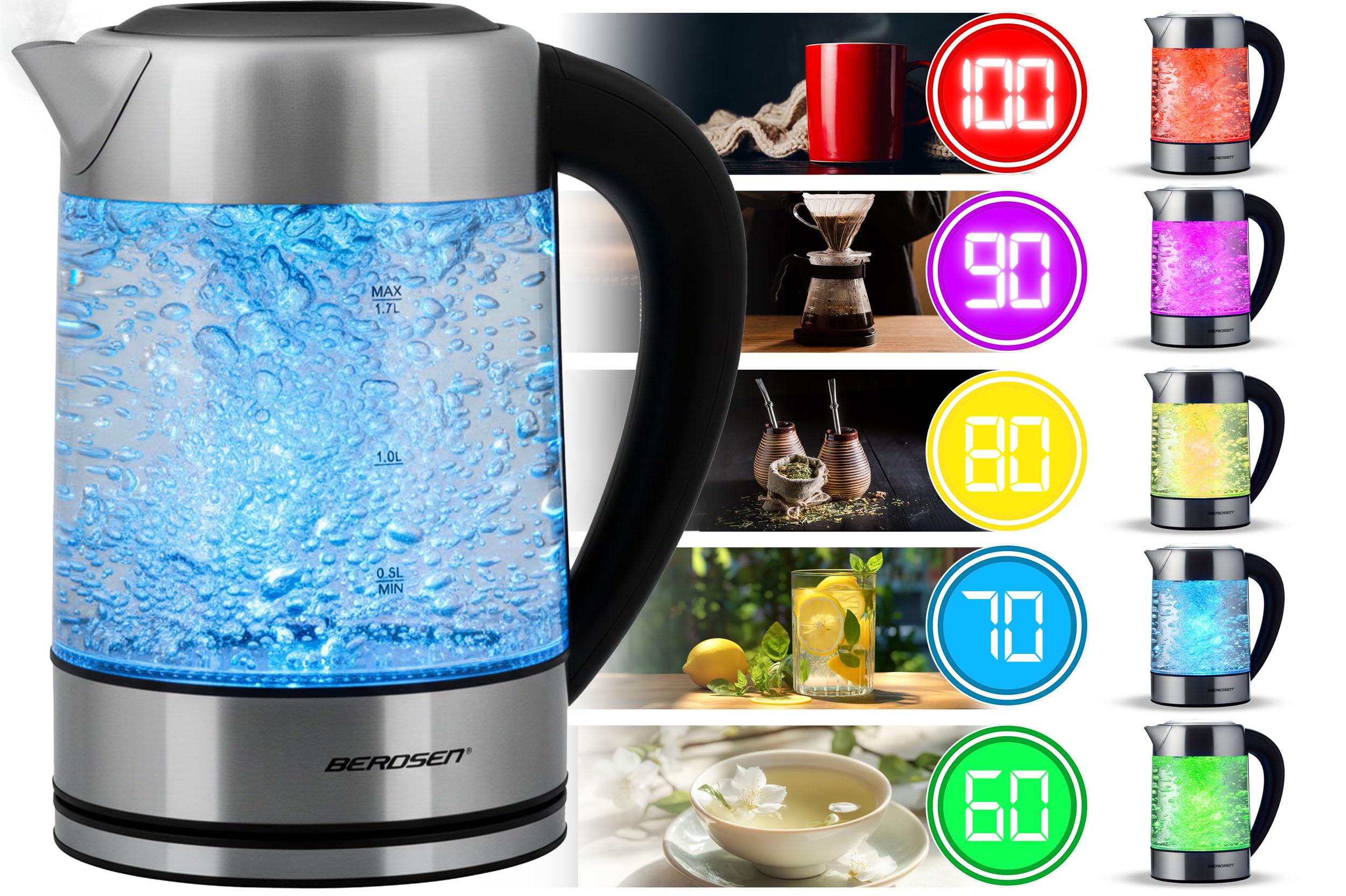 Berdsen Hervidor eléctrico con control de temperatura 60-100 °C - cristal LED - pantalla táctil - 2200 W - 1,7 l - acero inoxidable - plata y negro