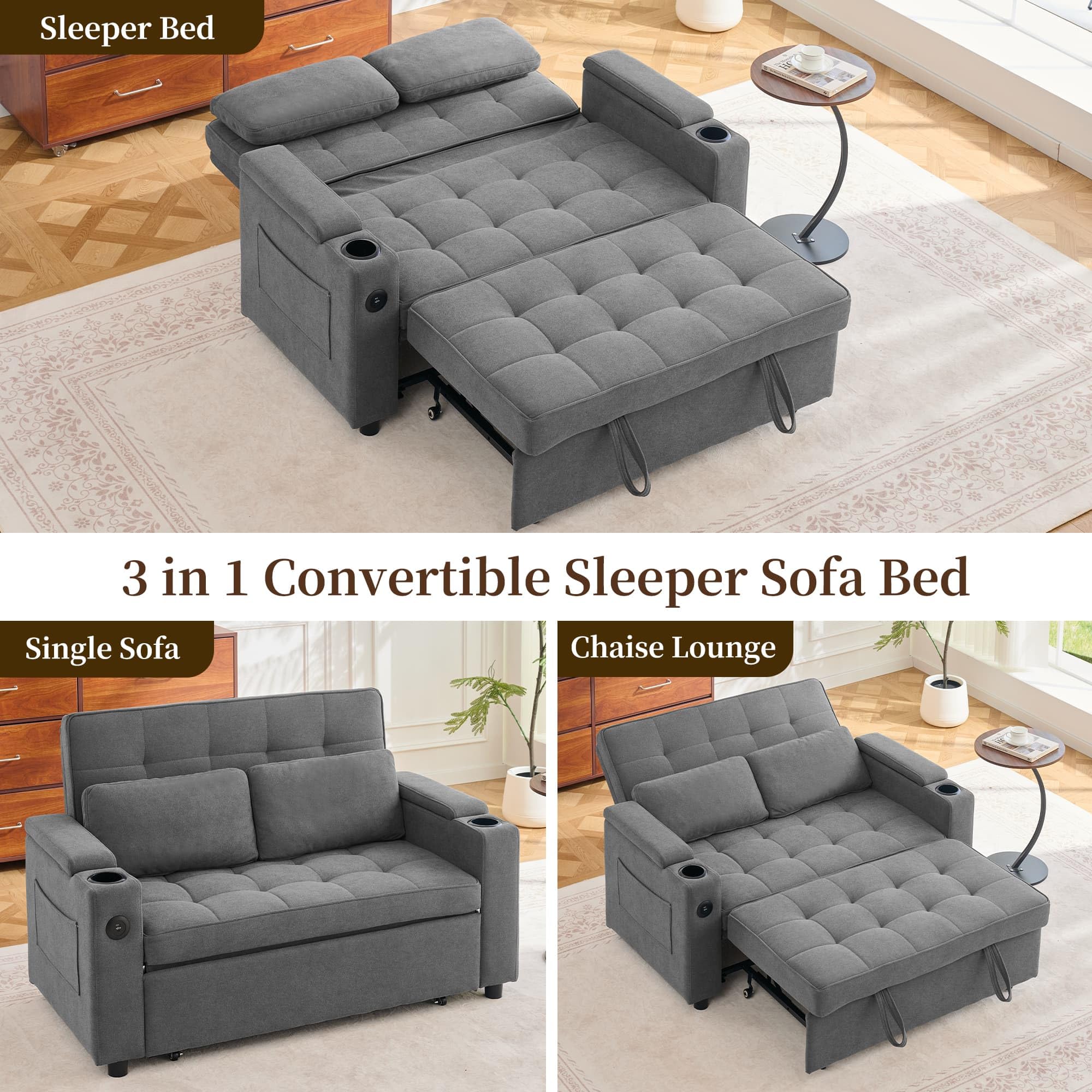 Korser 55.5'' 3-in-1 Convertible Sofa Bed, Pull Out Couch with 5-Position Adjustable Backrest, Loveseat Sleeper Sofa for Small Spaces, Sofa Couch with Cup Holders for Living Room, Office, Chenille