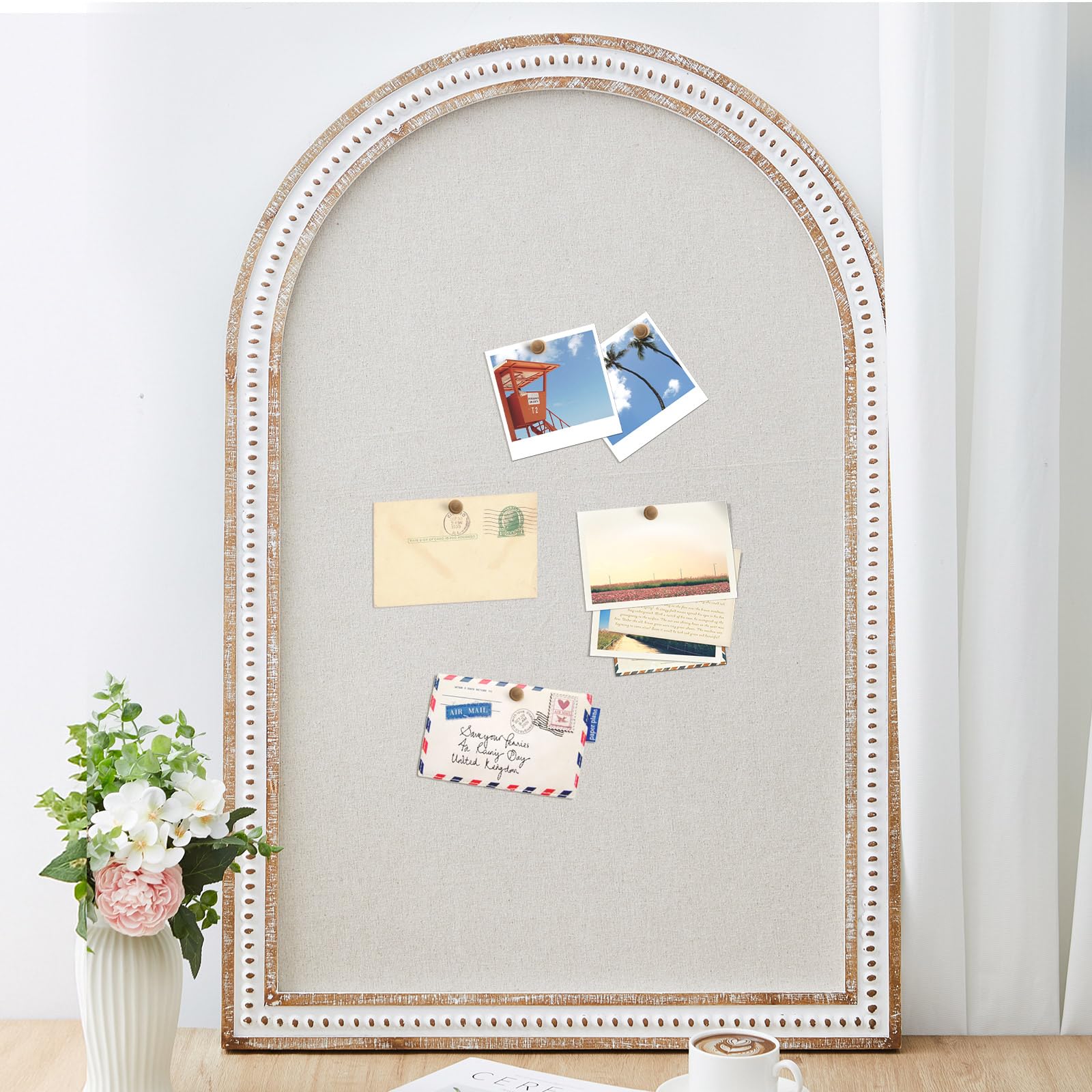 Wonderjune Vintage Bogen gerahmte Pinnwand Leinen Pinnwand Große Stoff Dekorative Pinnwand für Wand Verziertes Bild Memo Display Pinnwand für Home Office Bauernhaus (Weiß, 61 x 91,4 cm, Boho-Bogen)