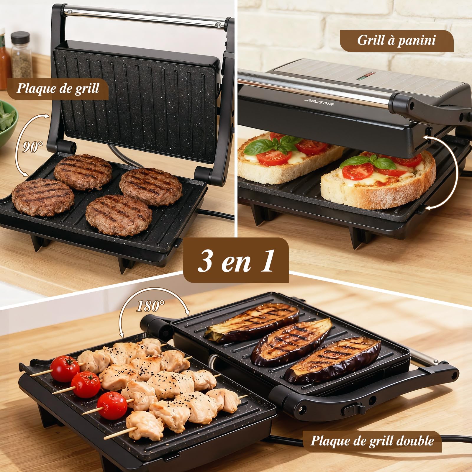 Aigostar Machine à Panini 1000W, Design Compact, Appareil Panini avec Plaques Anti-adhésives 23 x 14,5 cm, Sans BPA, Ouverture 180°, Idéal pour Sandwiches, Viandes et Grillades, York Pro