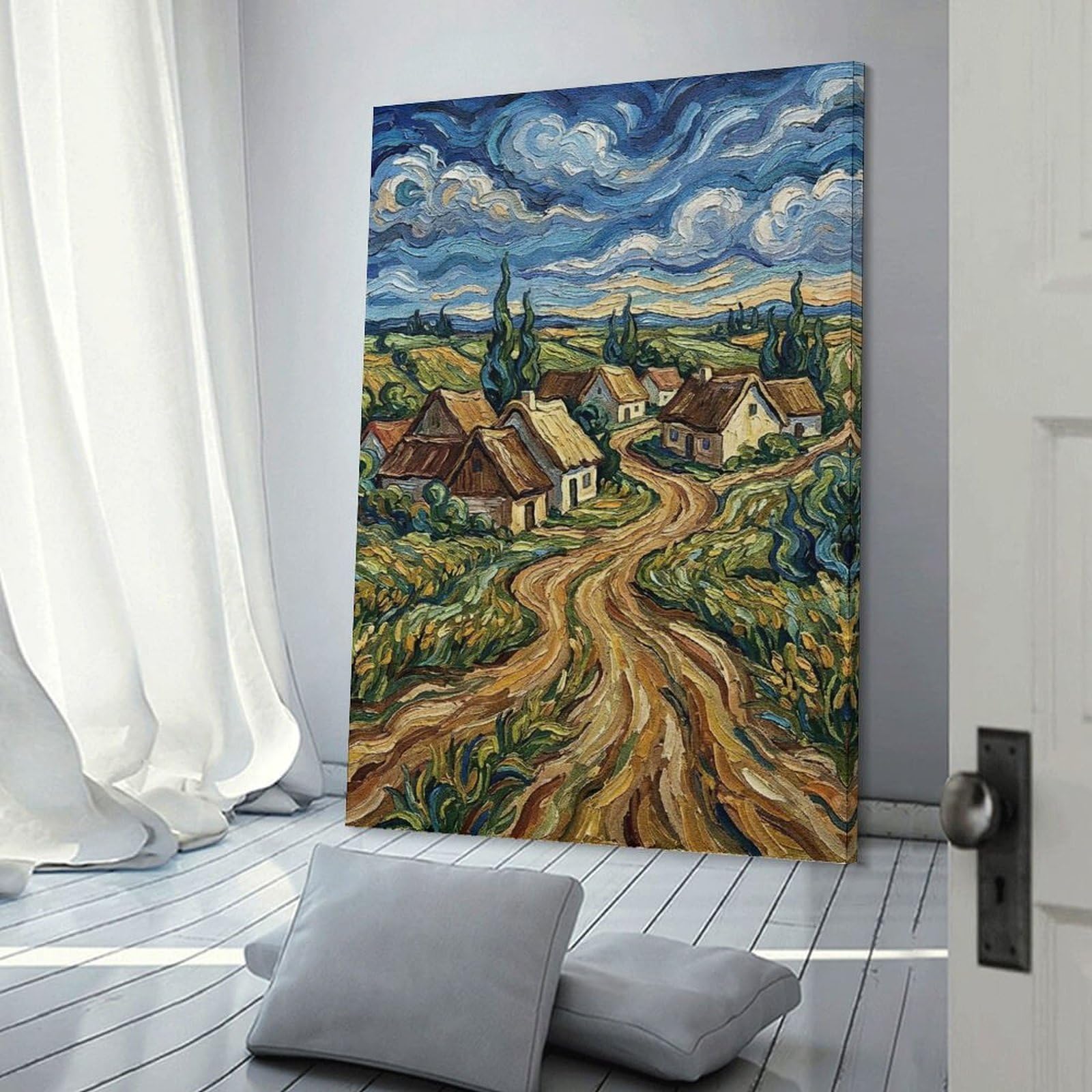 Junmoney Village Landscape Painting in Impressionist Style Wall Picture Print, 24x36inch(60x90cm), for Art Walls, Layered Displays Or Homes, Home Wall Art for Statement Displays