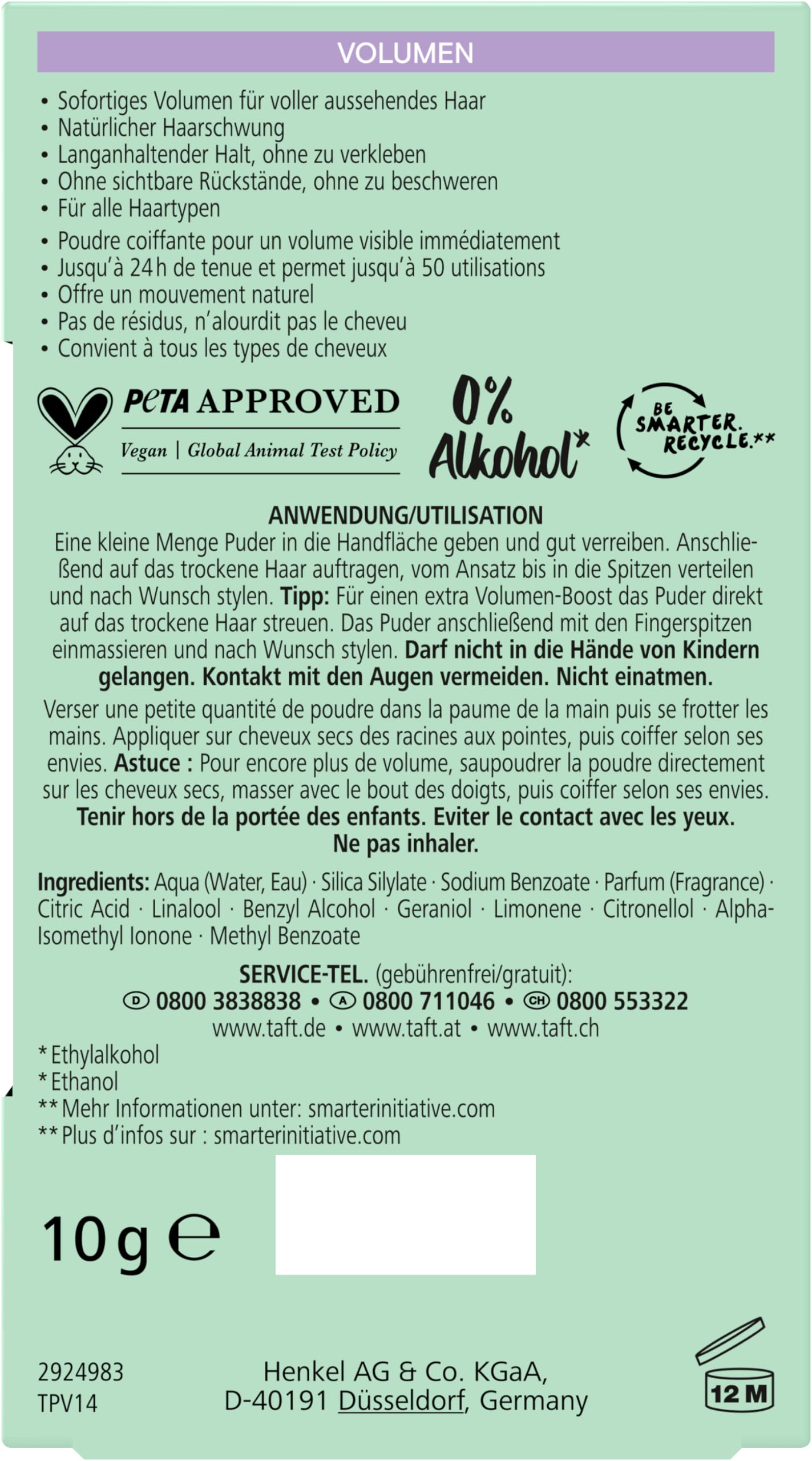 Schwarzkopf Taft puder do stylizacji włosów, objętość (10 g), puder do włosów o pełnych wyglądzie, do 50 zastosowań, wegański puder do stylizacji.