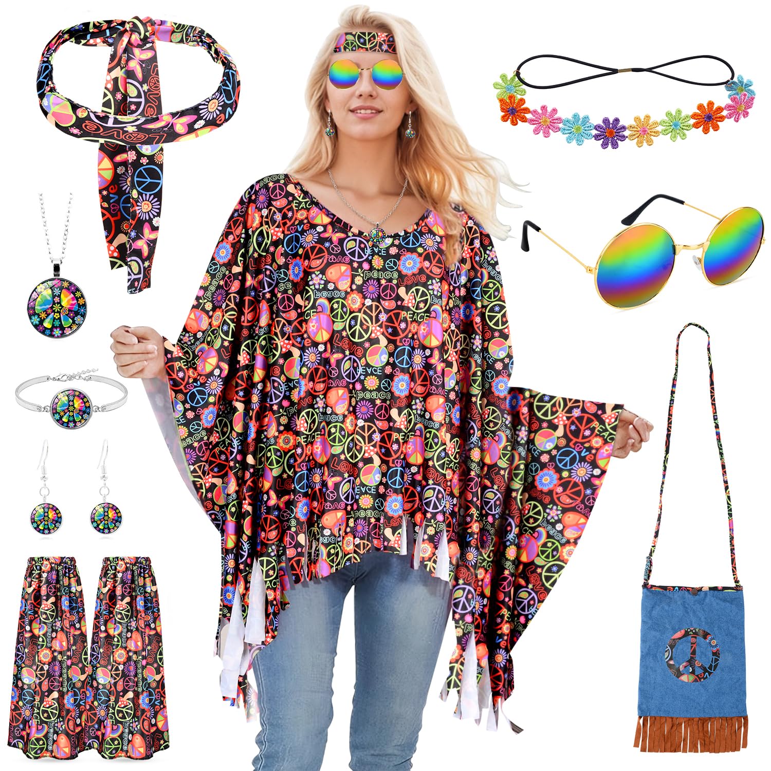 Disfraz Hippie Mujer, 9 Piezas Disfraz Años 70 Mujer, Disfraz Carnaval Mujer con Capa Hippie, Bolso Hombro Colorido, Disfraz Hippie Retro Discoteca Años 60 70 para Fiesta Carnaval