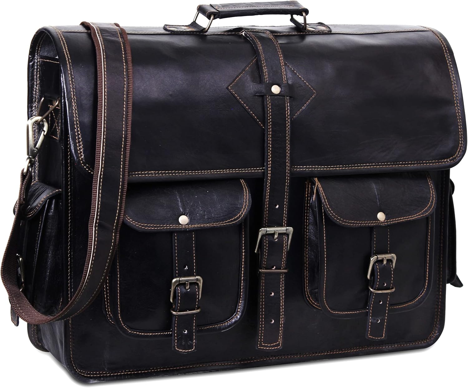 Black Leather Messenger Bag for Men and Women 18 Inch | Handmade Vintage Genuine Leather Laptop Bag for Men | Best Leather Briefcase Satchel Computer Crossbody Shoulder Bag for Work Office Use