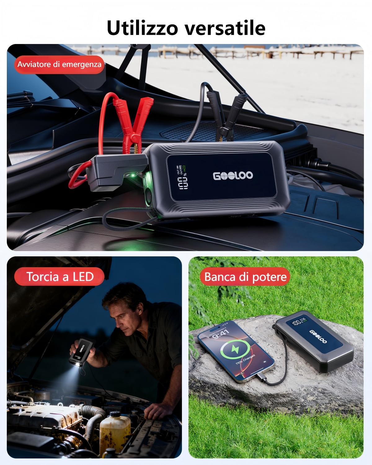 GOOLOO G7 Batteria Portatile di Avviamento per Auto 3000 A, con Ricarica Rapida USB-C 45 W e Torcia LED, Avviatore per Batterie Auto 12 V (per Motori Benzina fino a 8,5 L/Diesel fino a 6 L)