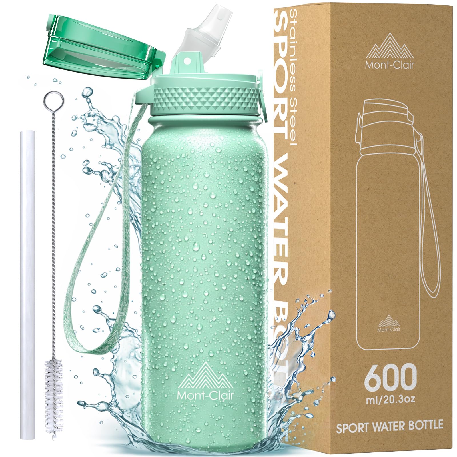 Mont-Clair 600ml - 20oz Stainless Water Bottle with Straw - Gym Water bottle for Women & Men - Double Wall Insulated - Patented Leakproof Lid Design - Keep Drinks Cold & BPA Free - Green