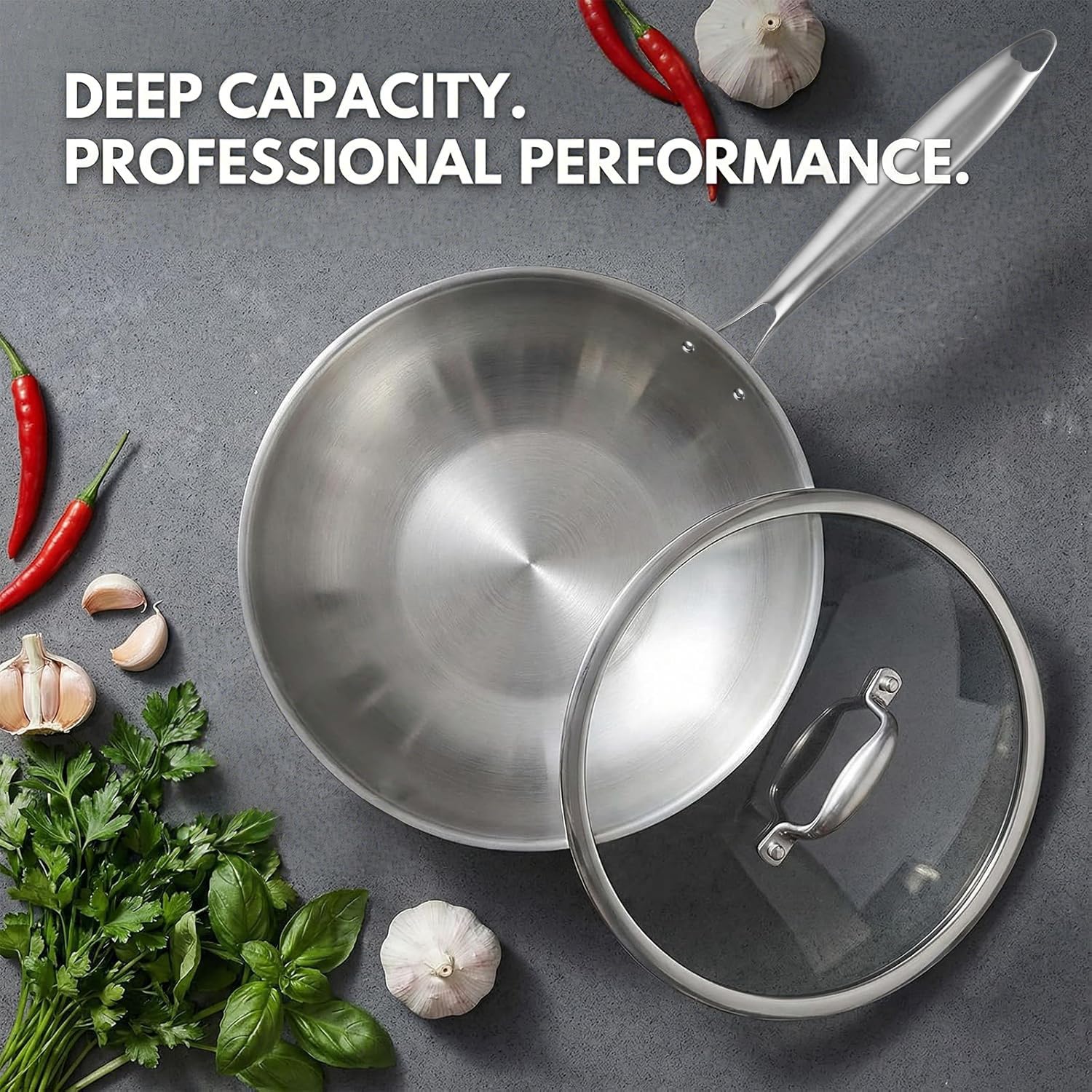 Inqibee Wok Inox 18/10 28 cm, Sans Revêtement, Sans PFAS/PFOA, Induction | Acier 18/10 sain, structure triply, compatible tous feux, passe au four et lave-vaisselle, chauffage uniforme et longue durée