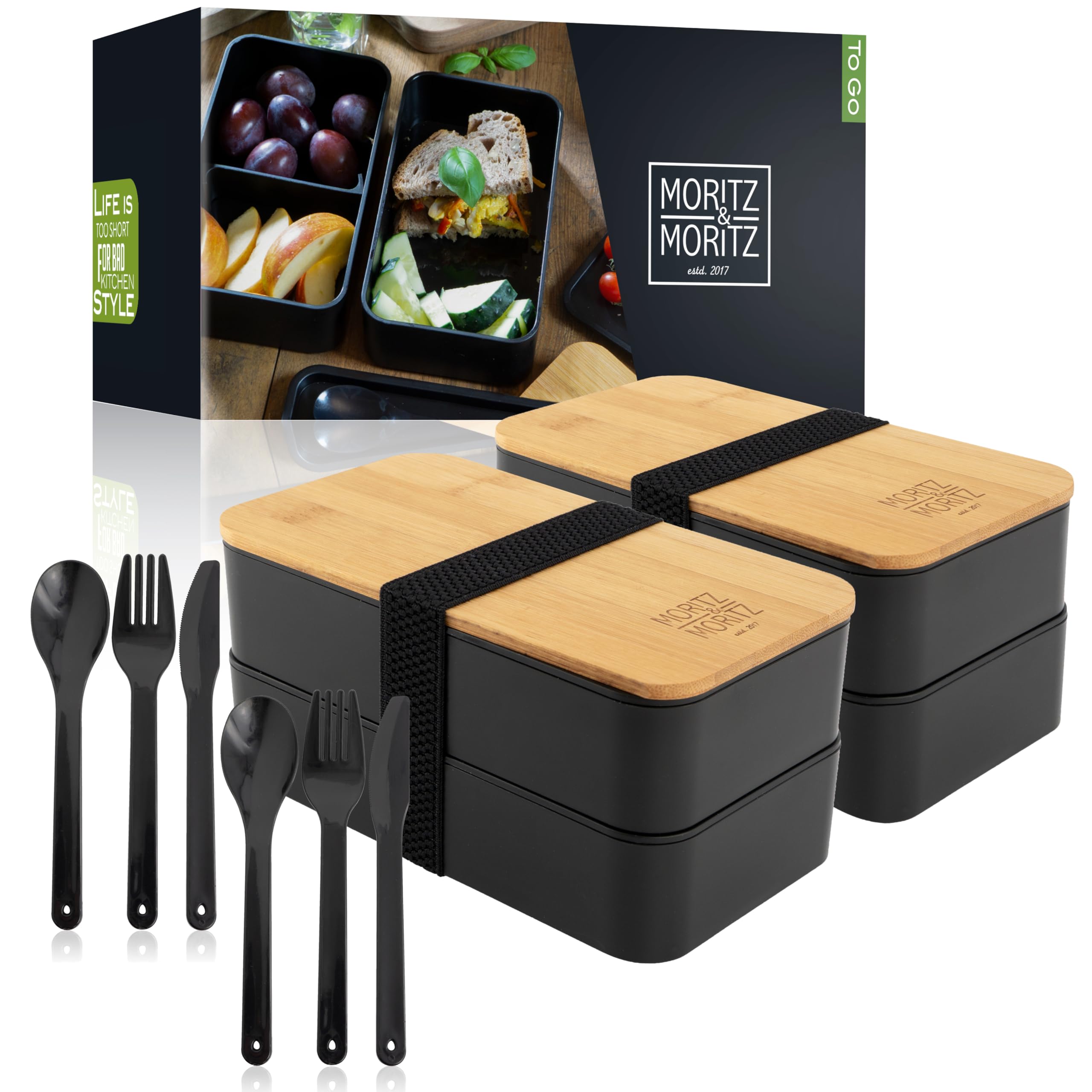 Moritz & Moritz Men's Black (2X) Set Of 2 Bento Box Black - Perfect Lunch Box For Adults And Children - Lunchbox With Compartts - Ideal For Work, School And On The Go