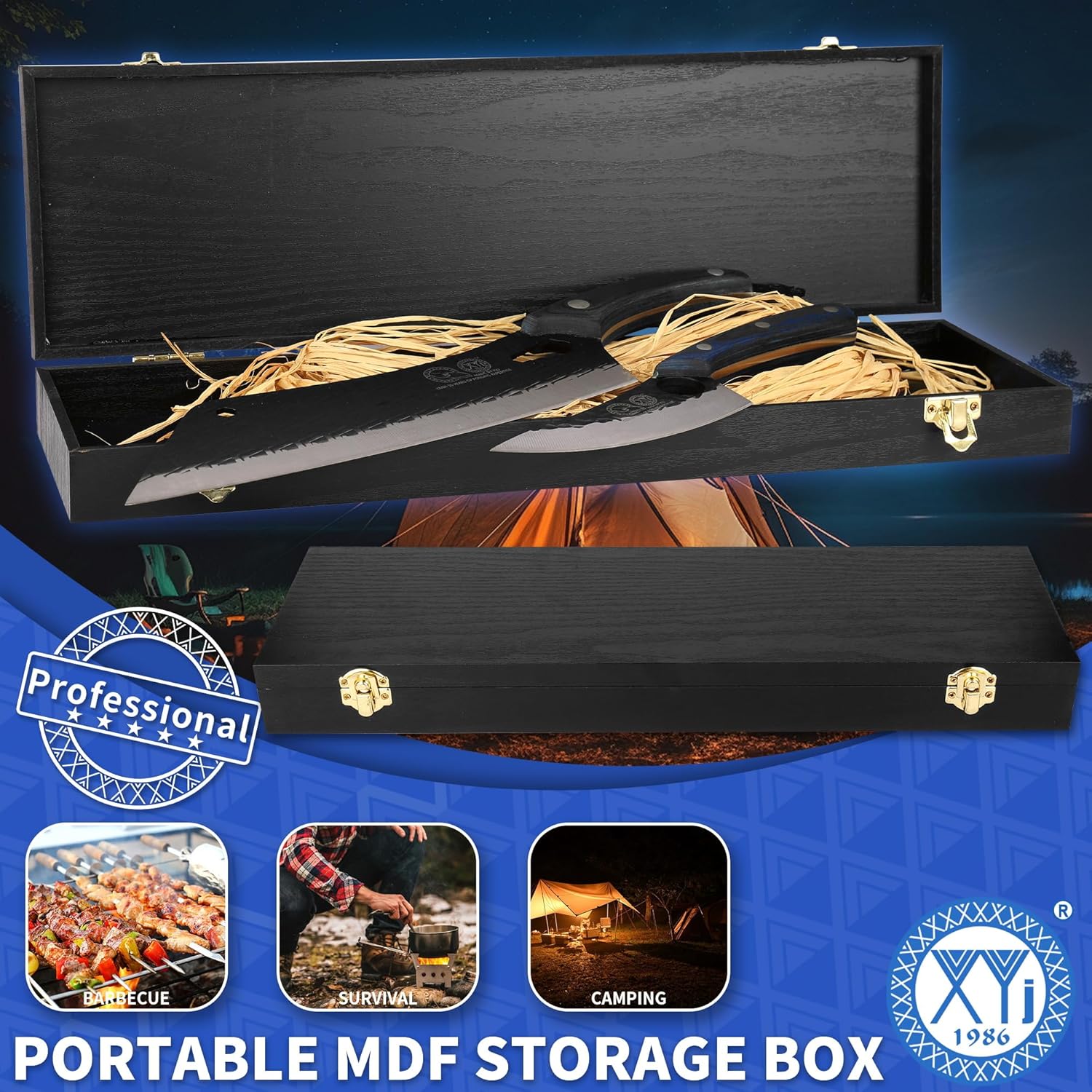 XYJ Authentic Since 1986, Knives Set with Wooden Box, High Carbon Steel Blades, Full Tang Kitchen Knife Set, Boning Slicing Knives, Pakkawood Handle, Blue Color