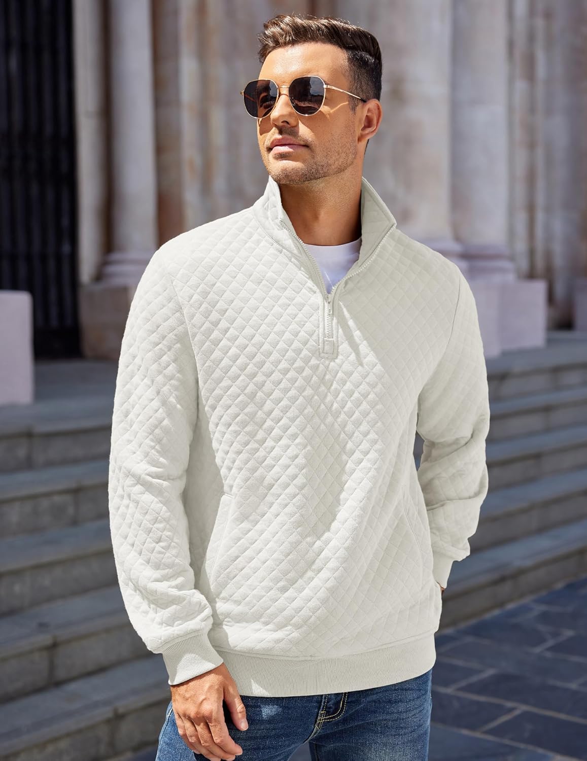 COOFANDY Mens Quarter Zip Pullover Quilted Sweatshirt Knit Long Sleeve Mock Neck Sweater Polo with Pocket - Image 3