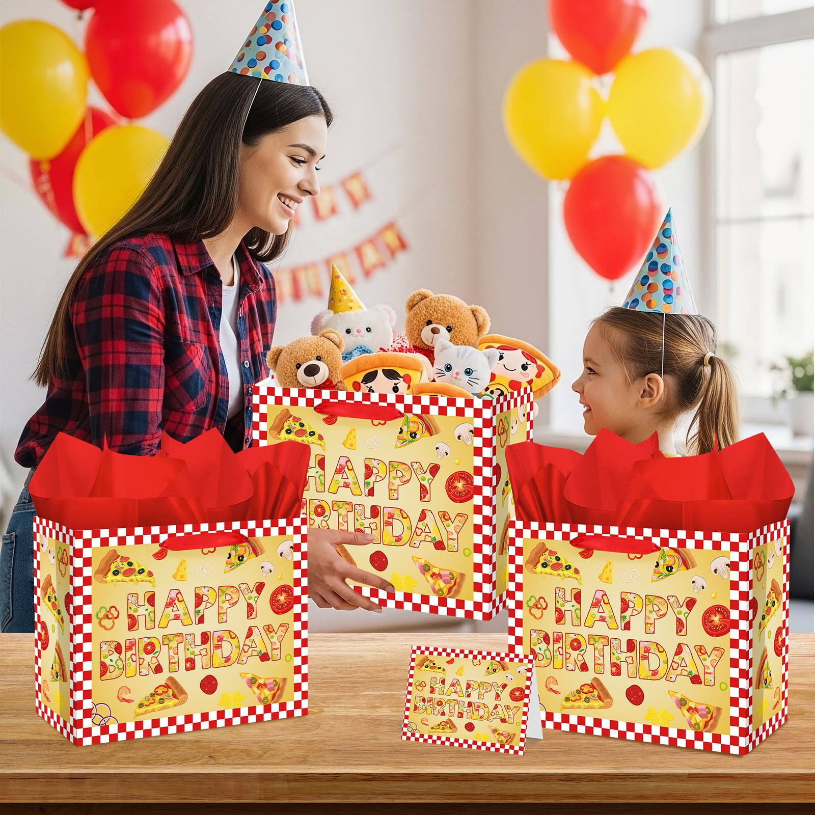 Woosytoo Pizza Birthday Decorations Bag Large Pizza Happy Birthday Paper Bag with Tissue Paper Card Pizza Bday Party Supplies for Kids Festival Bday Cooking Italy Theme Party Supplies