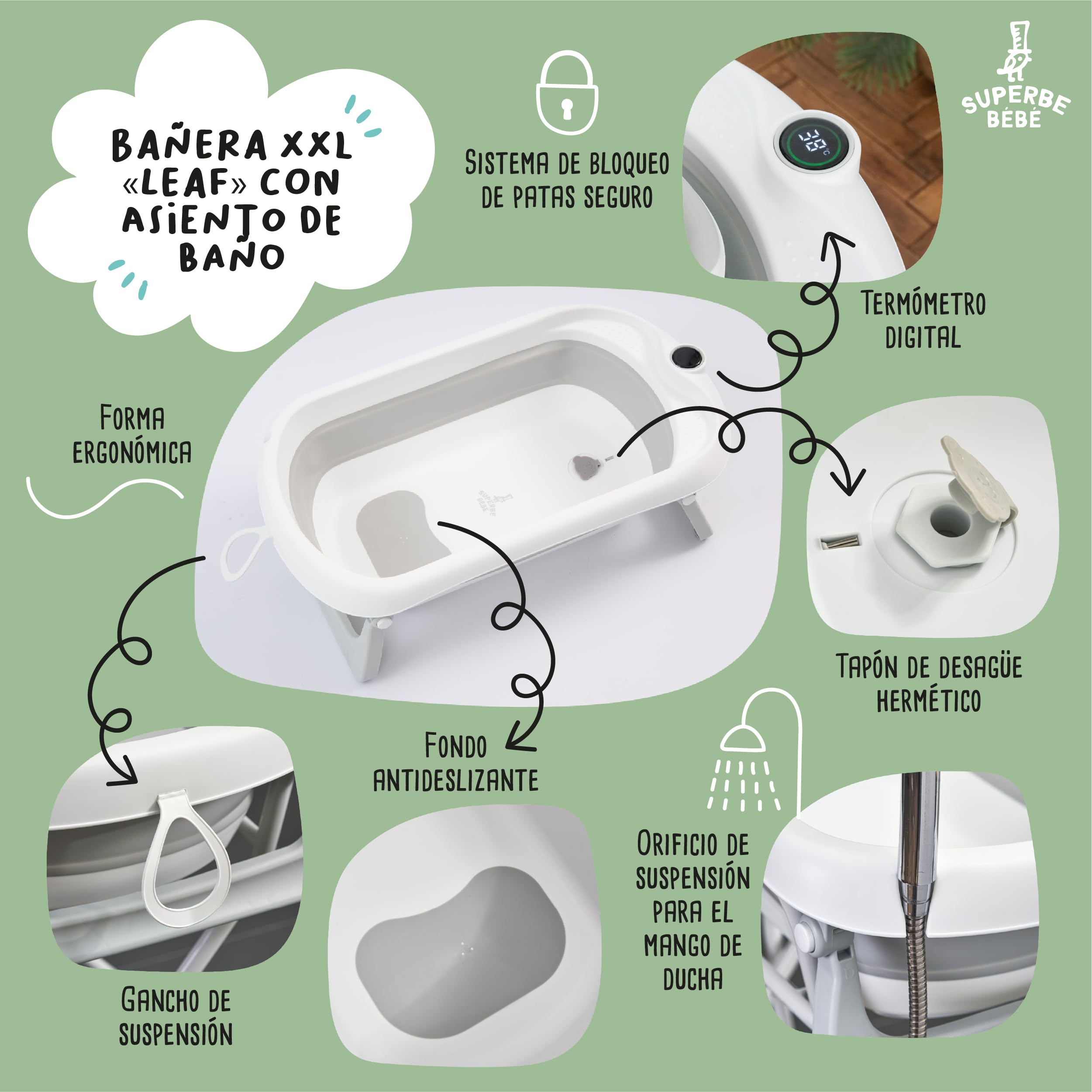 Bañera para bebé plegable con soporte, cojín de baño y sistema de evacuación