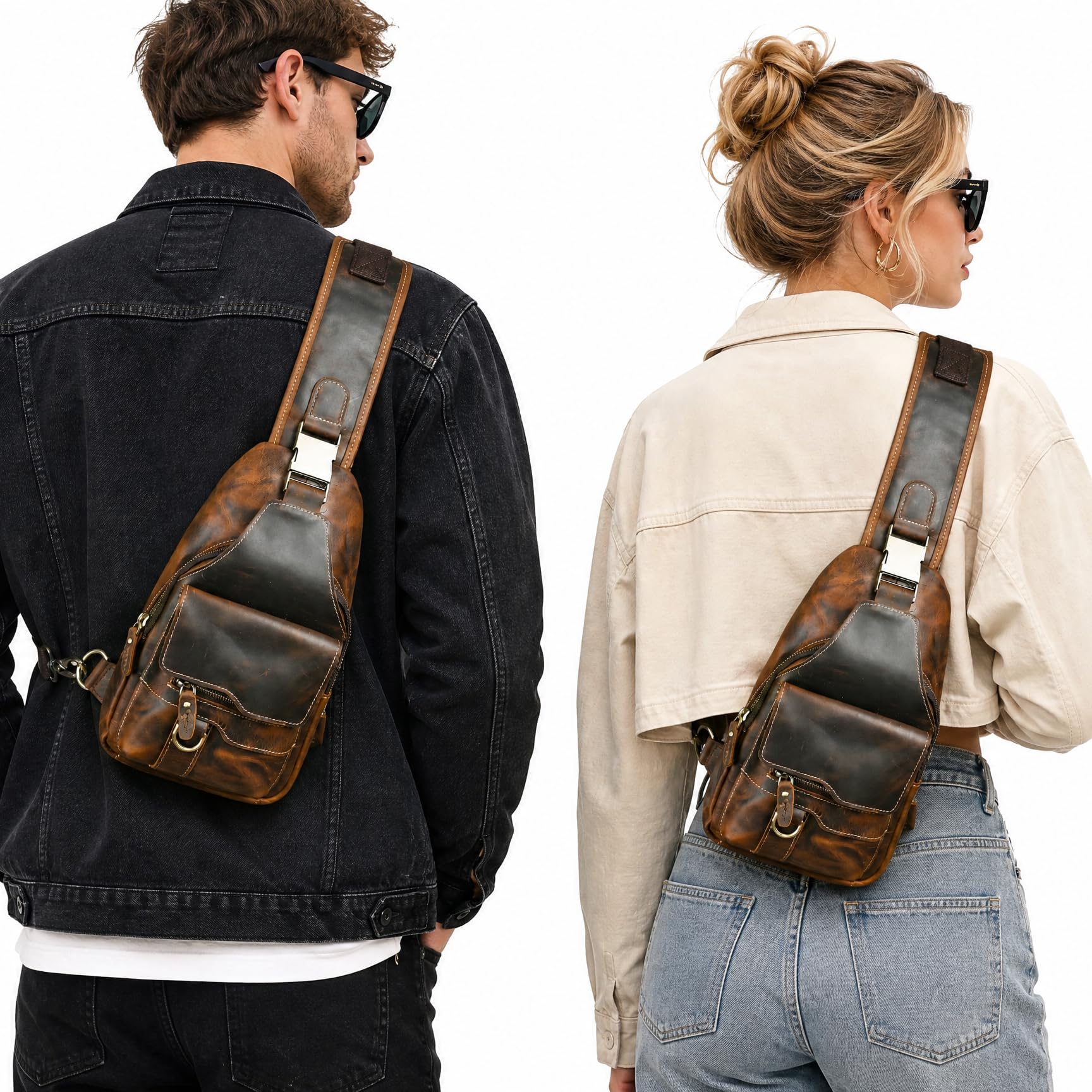 lona + bolso diario de senderismo de cuero genuino, bolso de tirantes, bolso de hombro triangular, bolso de pecho masculino y femenino FB8013 (100% dermis - 8015 marrón)