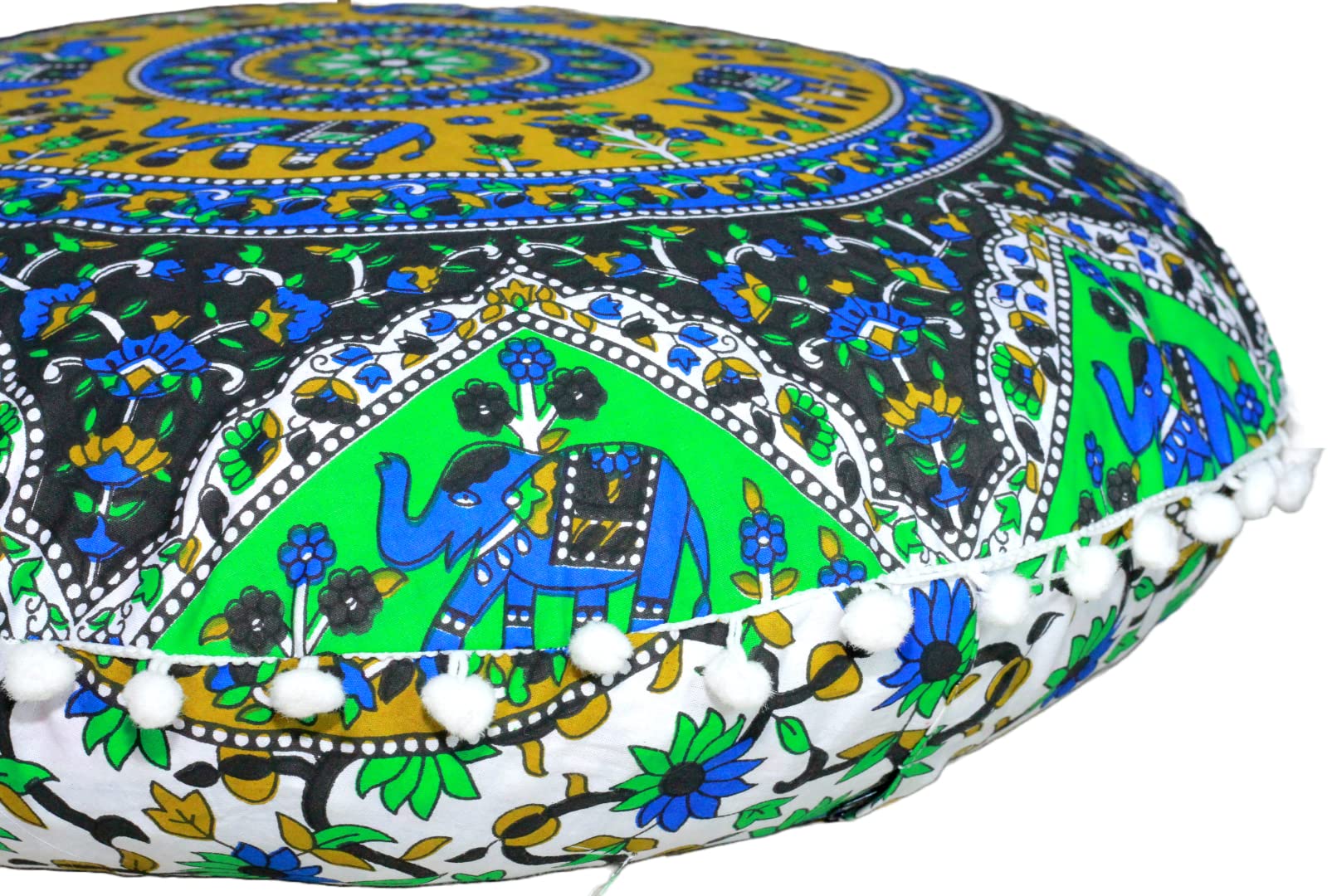 CRAFT KALA 22" Round Mandala Boho Pillow Cover Meditation Room Seating Poufs Cover for Living Room Yoga Room Home Bedroom Balcony Garden Party Decoration Cotton Floor Cushion Cover 22", Blue Elephant — image 1