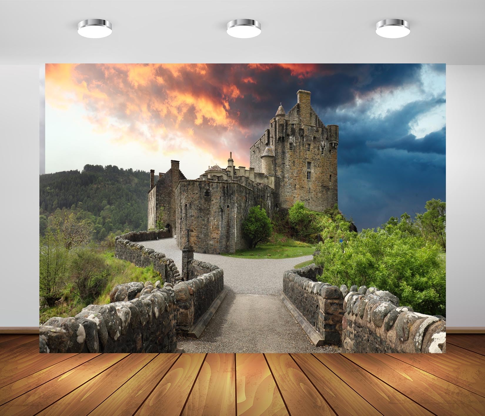 BELECO 7x5ft Fabric Scotland Medieval Castle Backdrop Ancient Gothic Castle Old Stone Wall Buildings Sunset Forest Background Medieval Castle Party