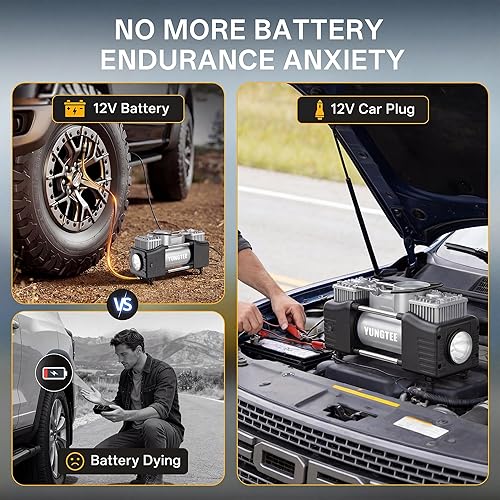 Miniatura 5 de YUNGTEE Inflador de neumáticos plateados, bomba de inflado de accionamiento directo de doble cilindro resistente, bomba de compresor de aire