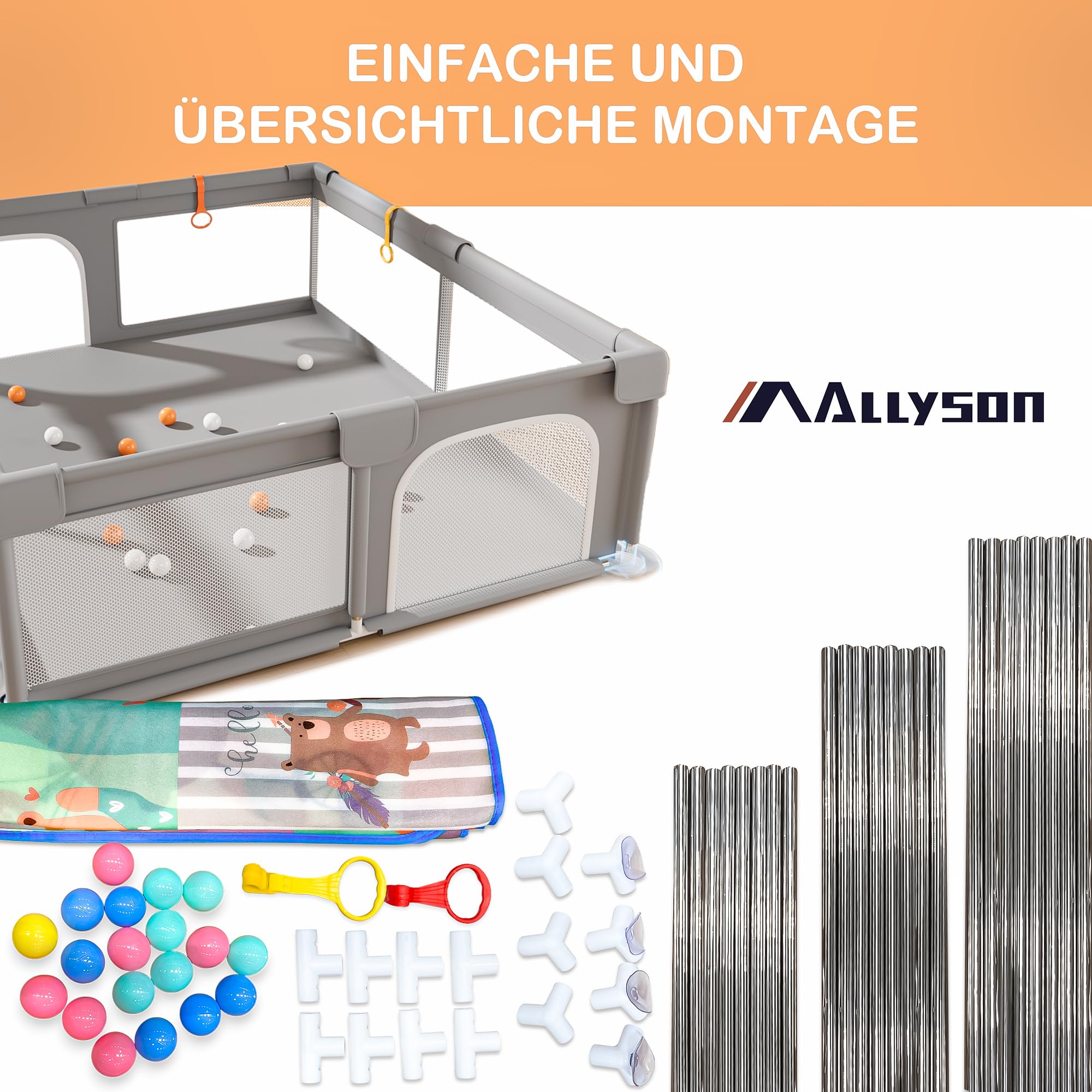 Allyson® Laufstall Baby mit Matte 130x130 cm, Großes Faltbares Laufgitter & Playpen sicher & stabil, Kleinkinder Kinderlaufstall Indoor & Outdoor, Spielgitter Zaun, tragbarer klappbar - Grau