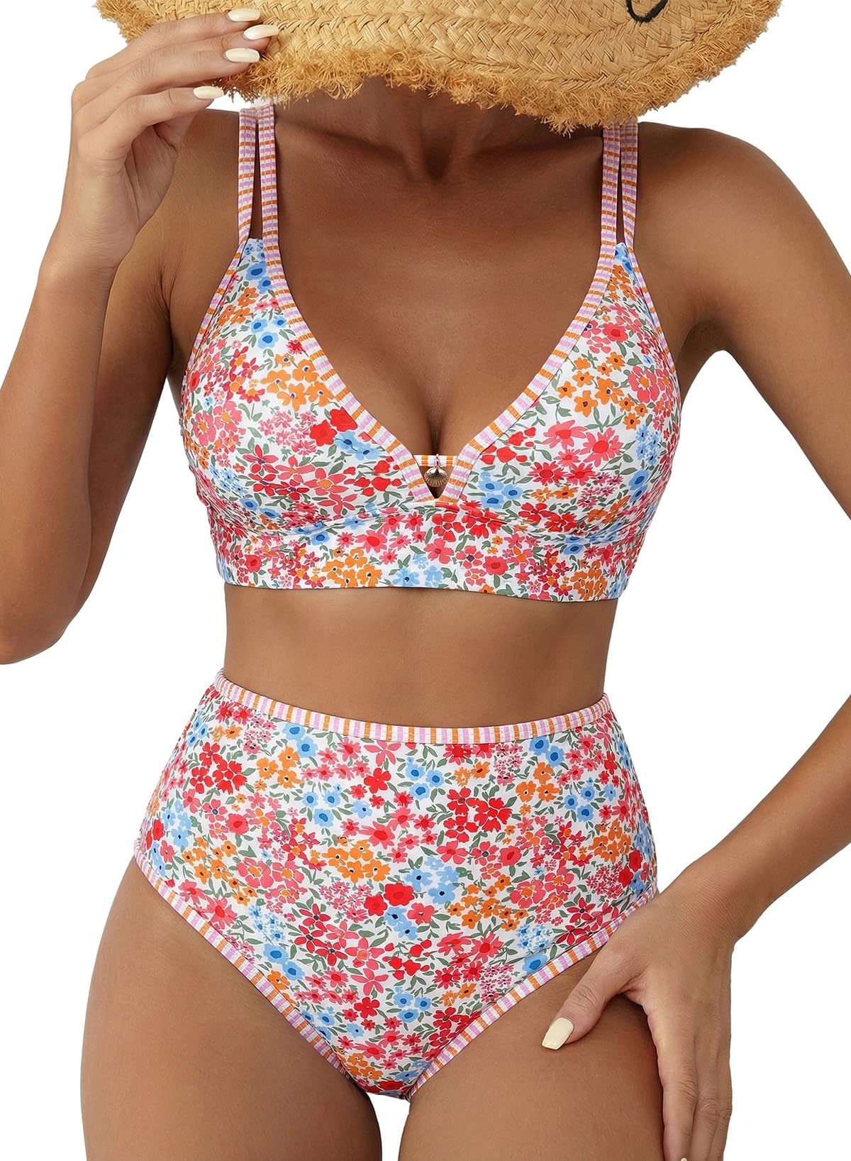 Herseas Women's 2 Piece Floral Print Bikini Sets V Neck Stitch Swimsuits High Waisted Bathing Suit Beach Summer Swimwear